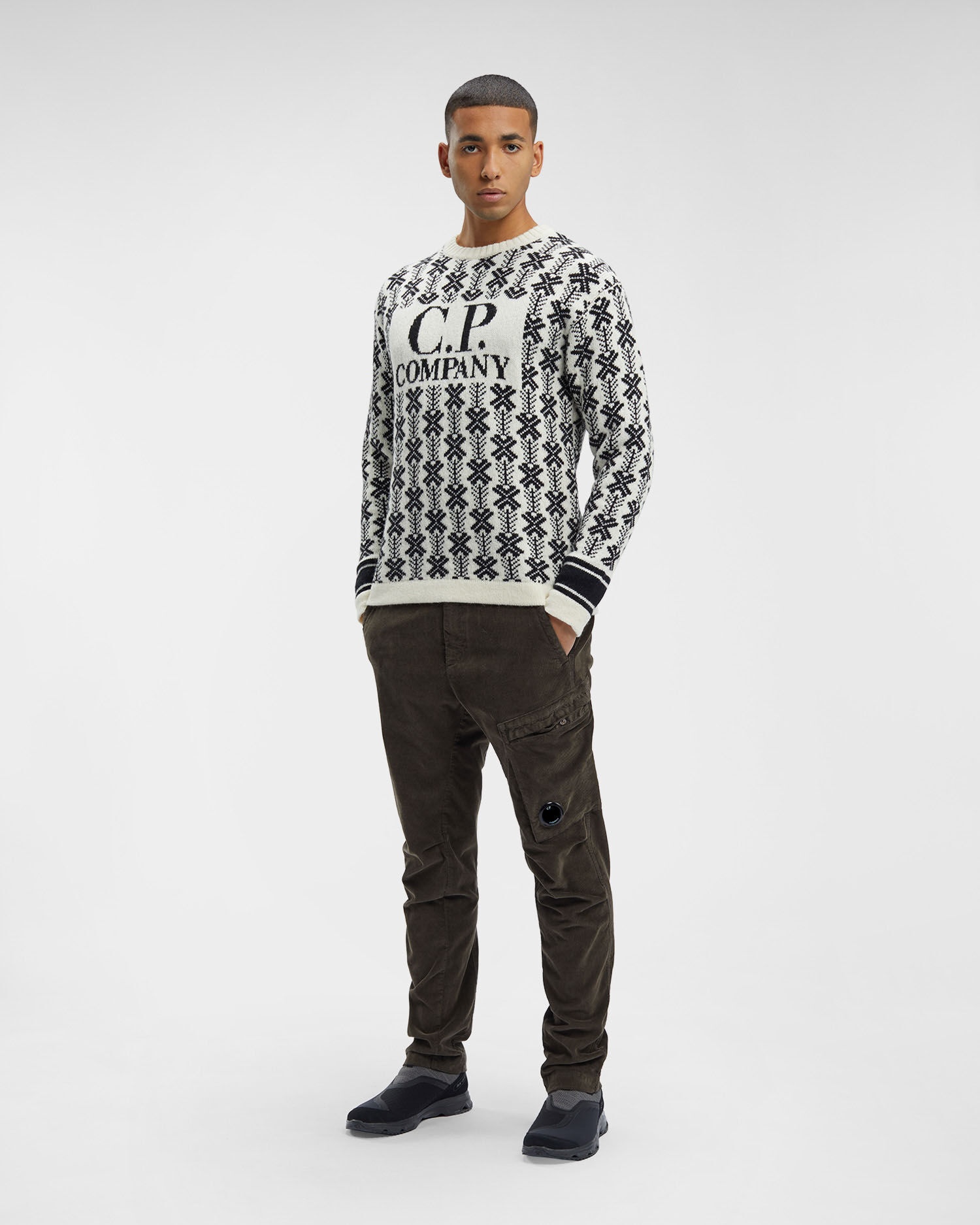 C.P. Company Wool Jacquard Logo Hooded Knit Black/White