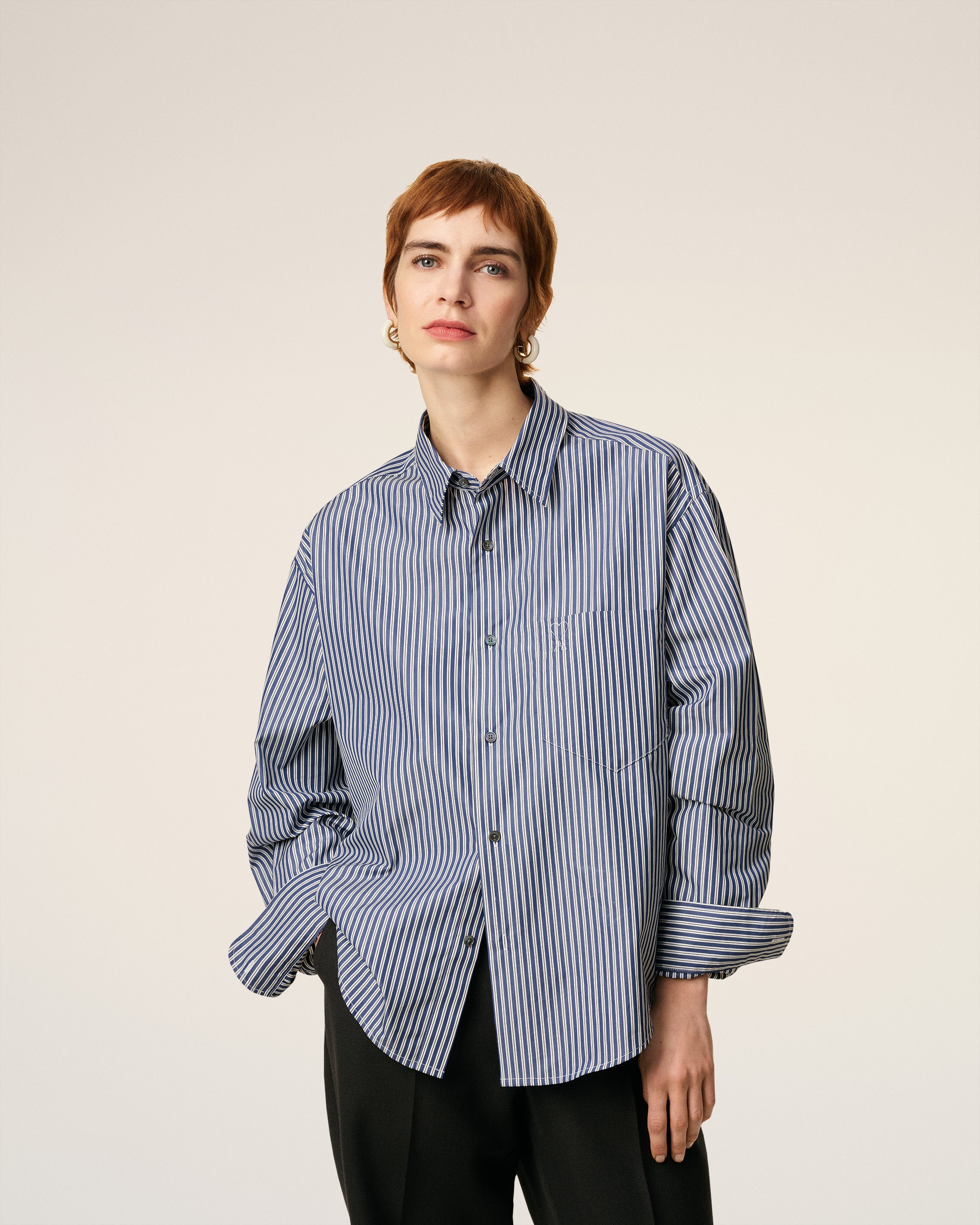 BLUE COTTON EMBOSSED STRIPED AMI DE COEUR BOXY SHIRT - 6