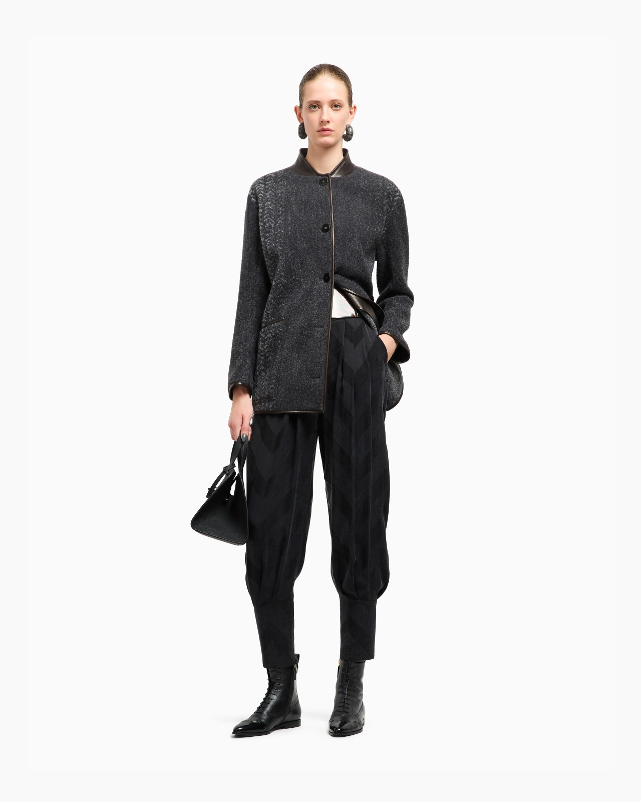 CHEVRON BOUCLÉ WOOL AND LEATHER PEA COAT - 2