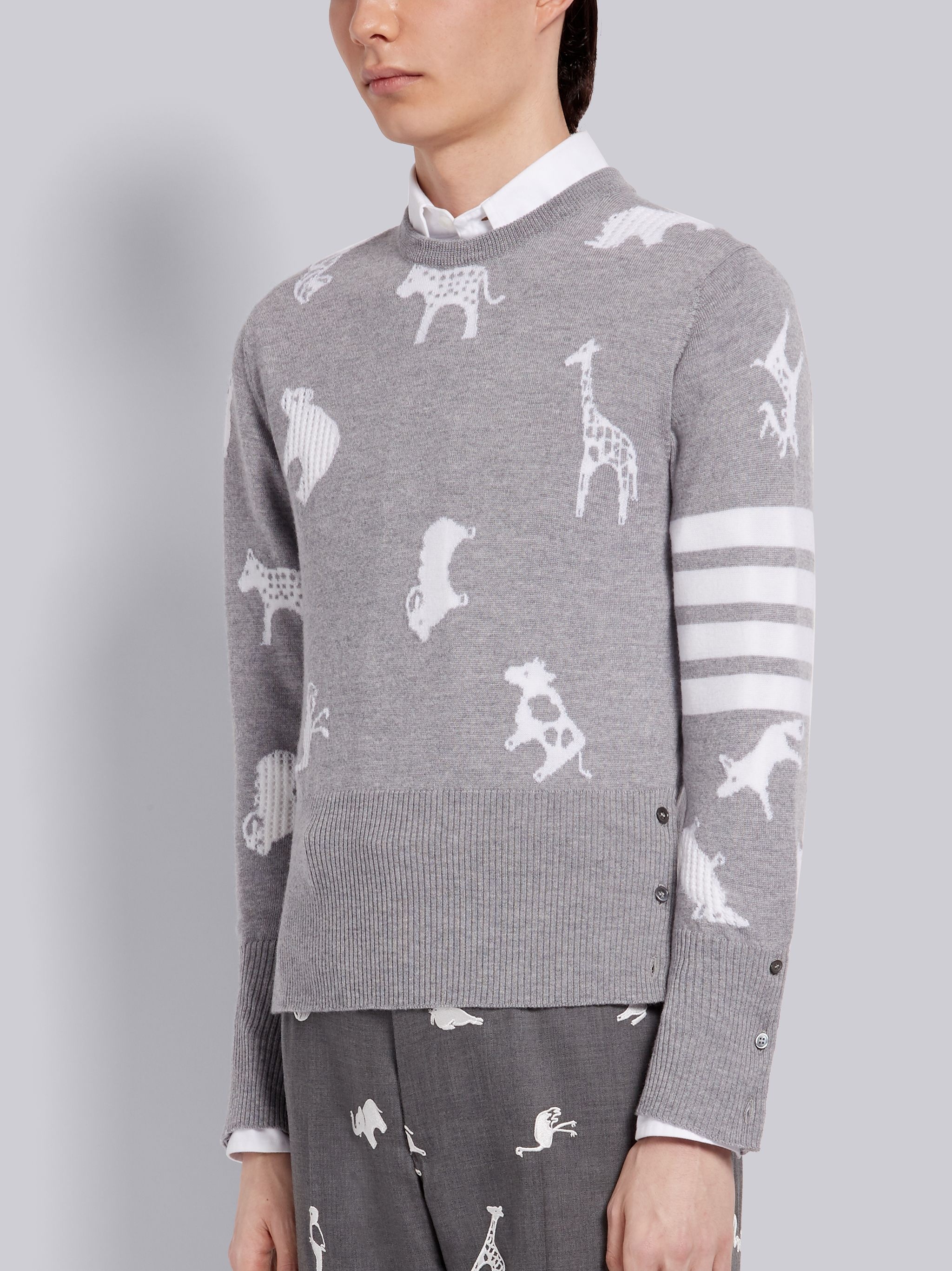 Light Grey Fine Merino Wool Animal Icon Crewneck 4-Bar Pullover - 2