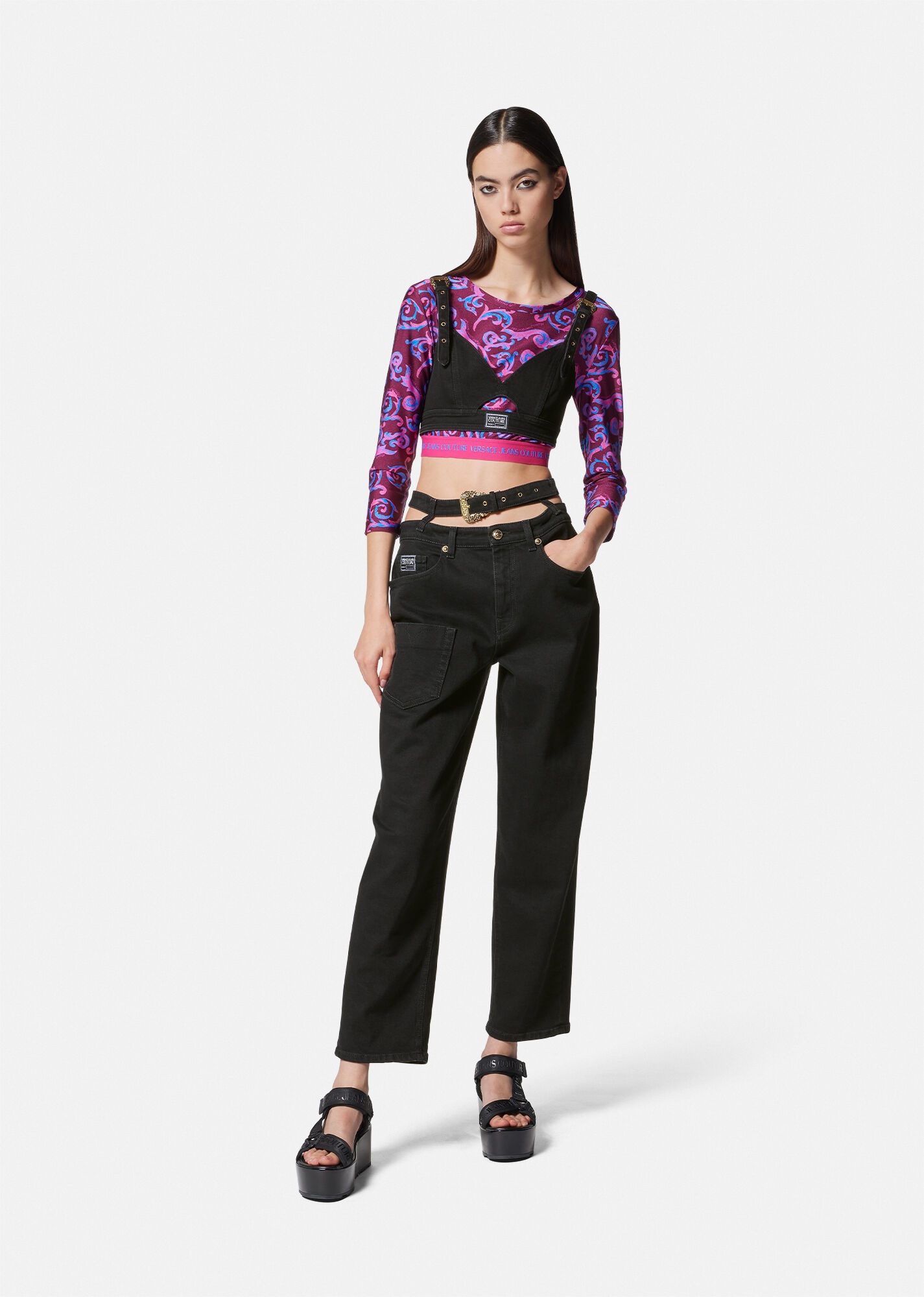 Baroque Buckle Denim Crop Top - 2