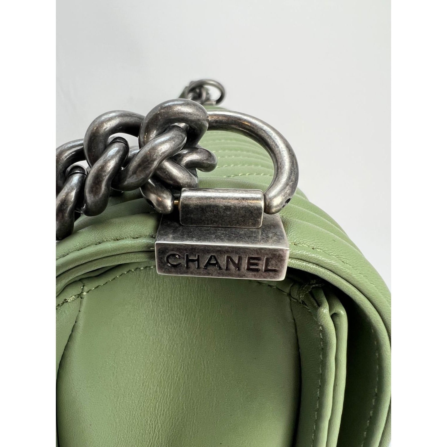 Chanel Calfskin Chevron Quilted Medium Boy Flap Light Green Bag - 9