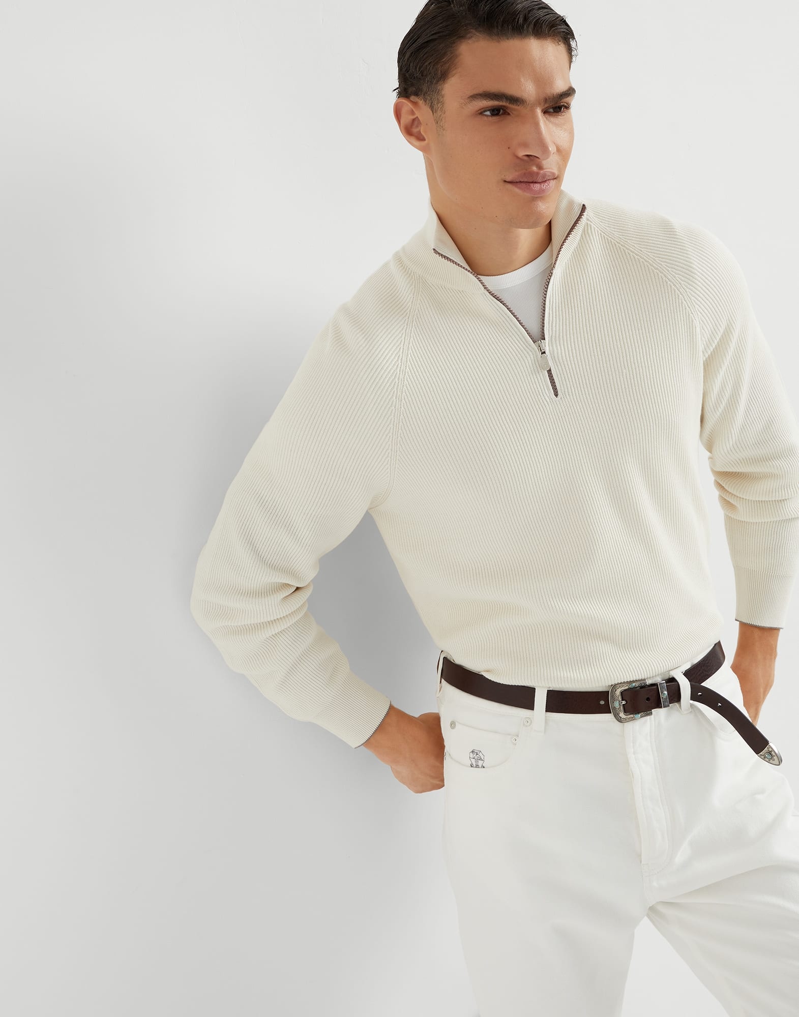 Cotton English rib sweater with half zip and raglan sleeves - 4