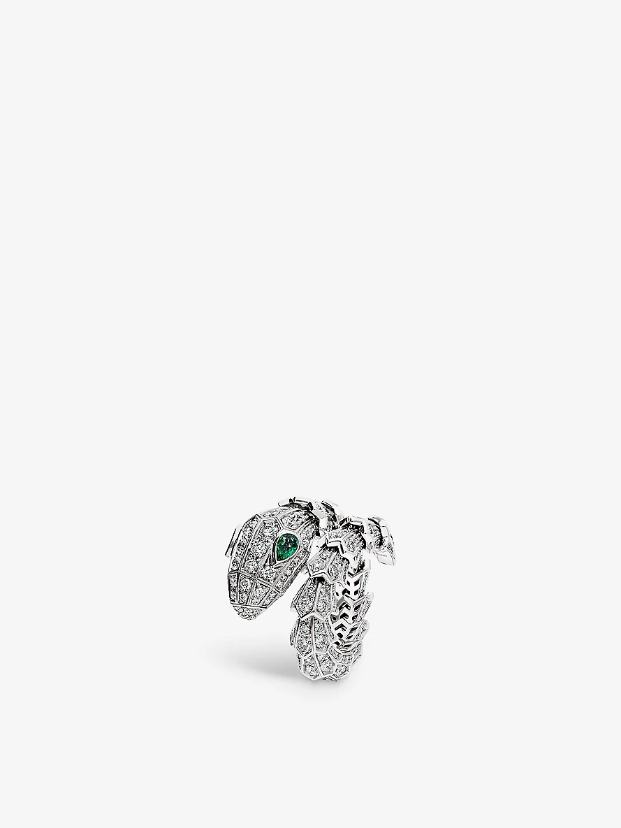 Serpenti Tubolari 18ct white-gold, 3.75ct brilliant-cut diamond and 0.26ct emerald ring - 1