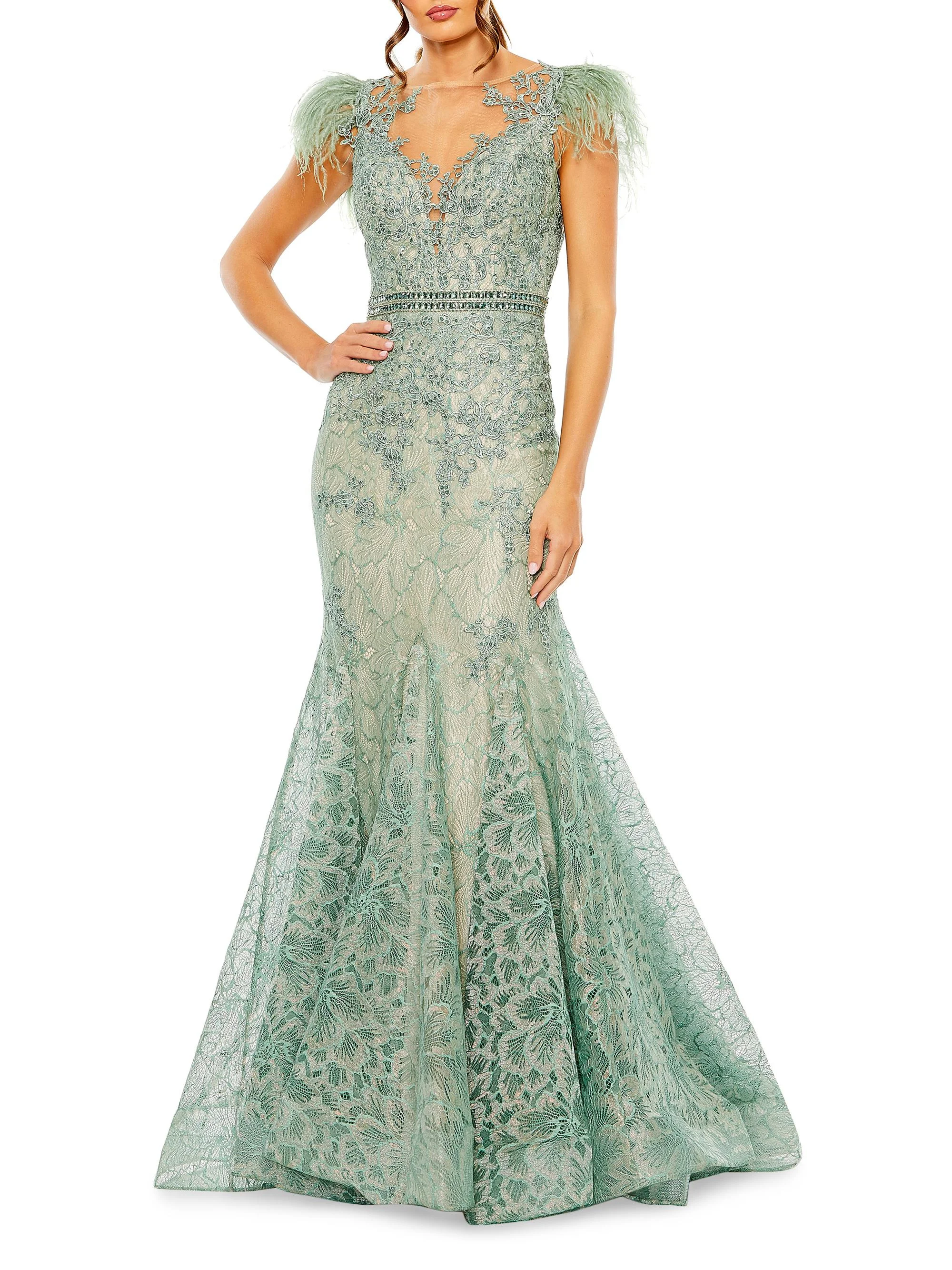 Women's Embellished Lace Trumpet Gown - Sage - 1