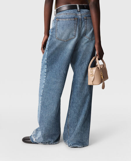 Two Tonal Fabric Paneled Wide Jeans - 2