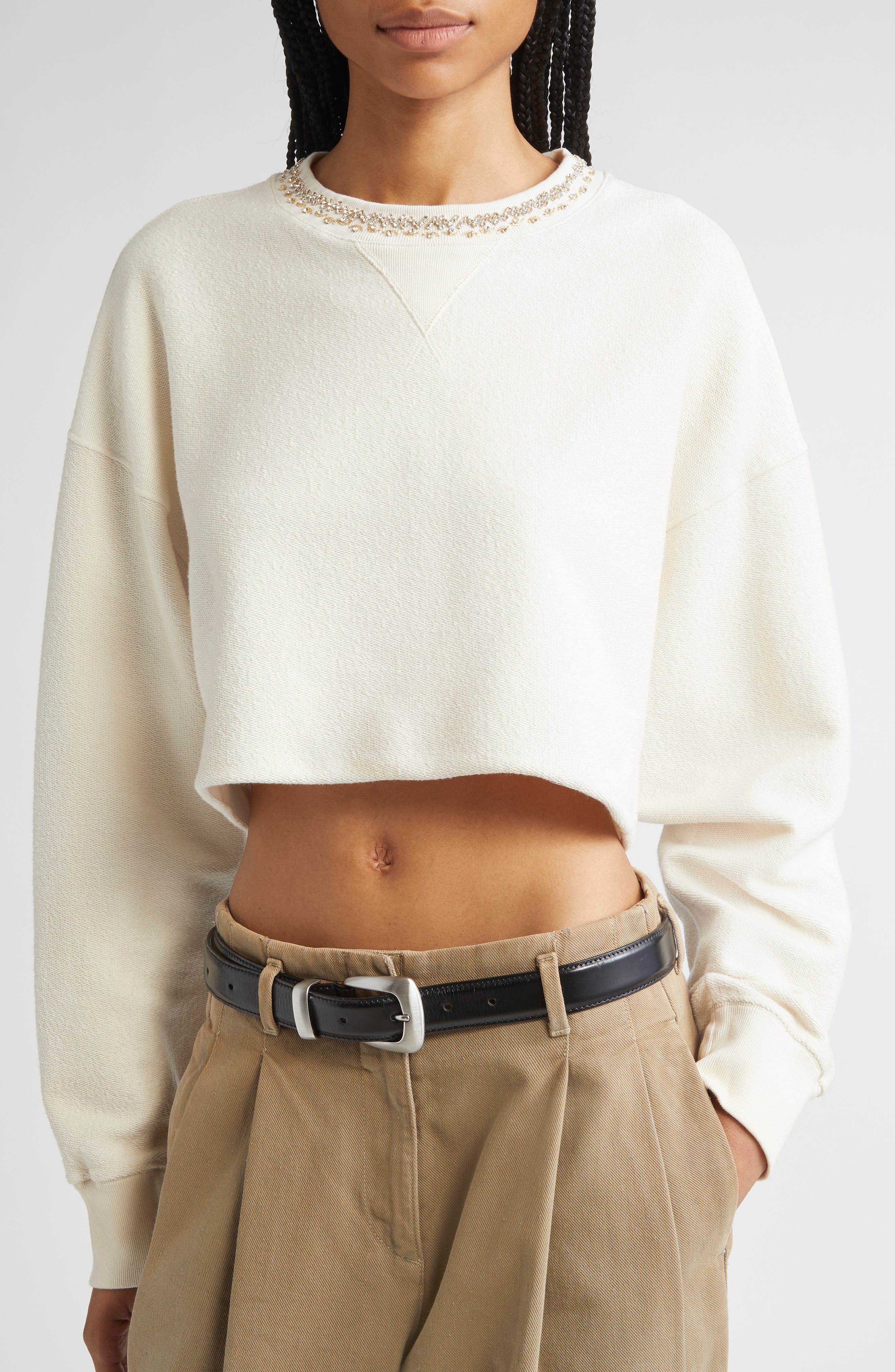 Golden Goose Journey Crystal Embellished Crop Fleece Sweatshirt in Artic Wolf at Nordstrom - 5