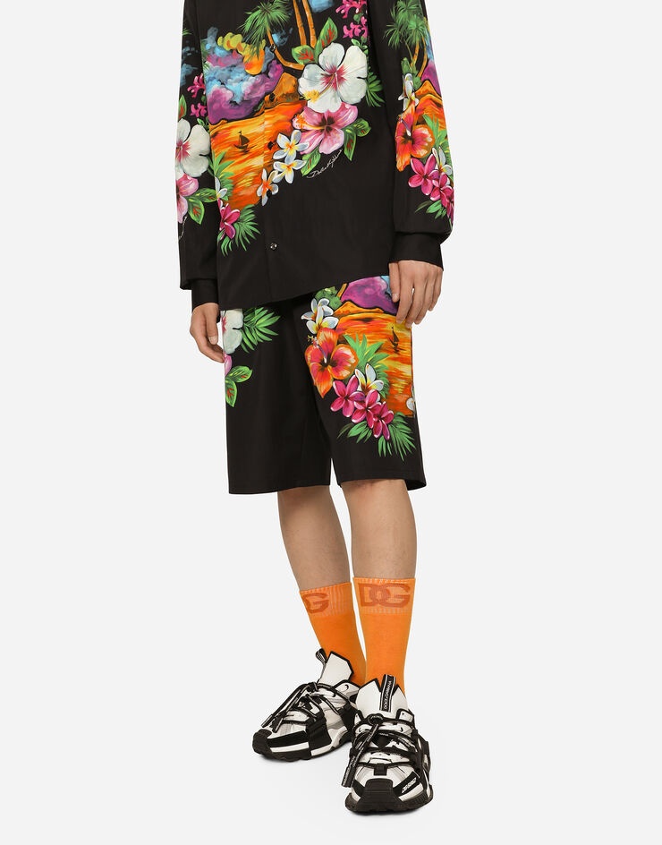Cotton jogging shorts with Hawaiian print - 4