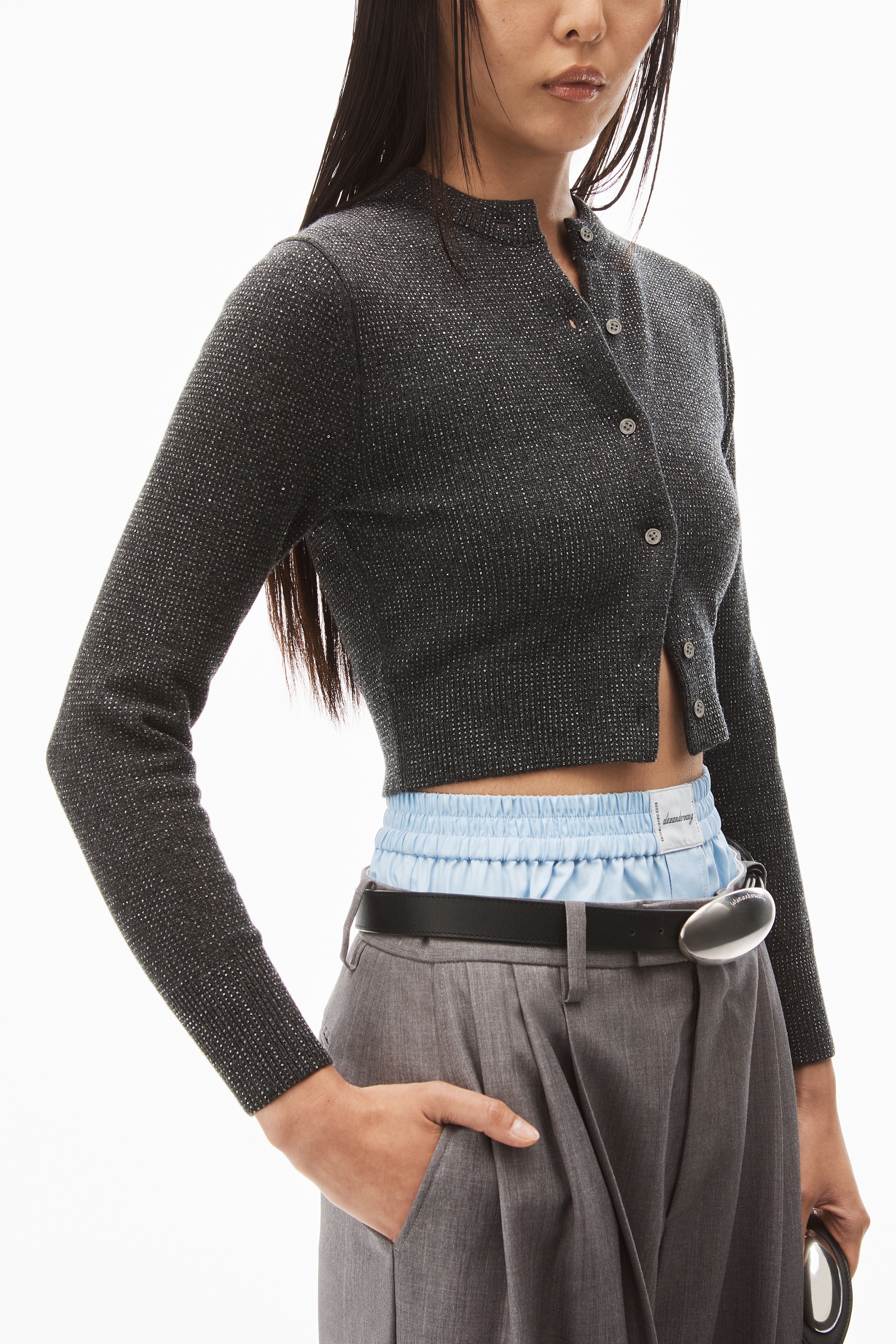 crystal hotfix shrunken cardigan in wool - 3
