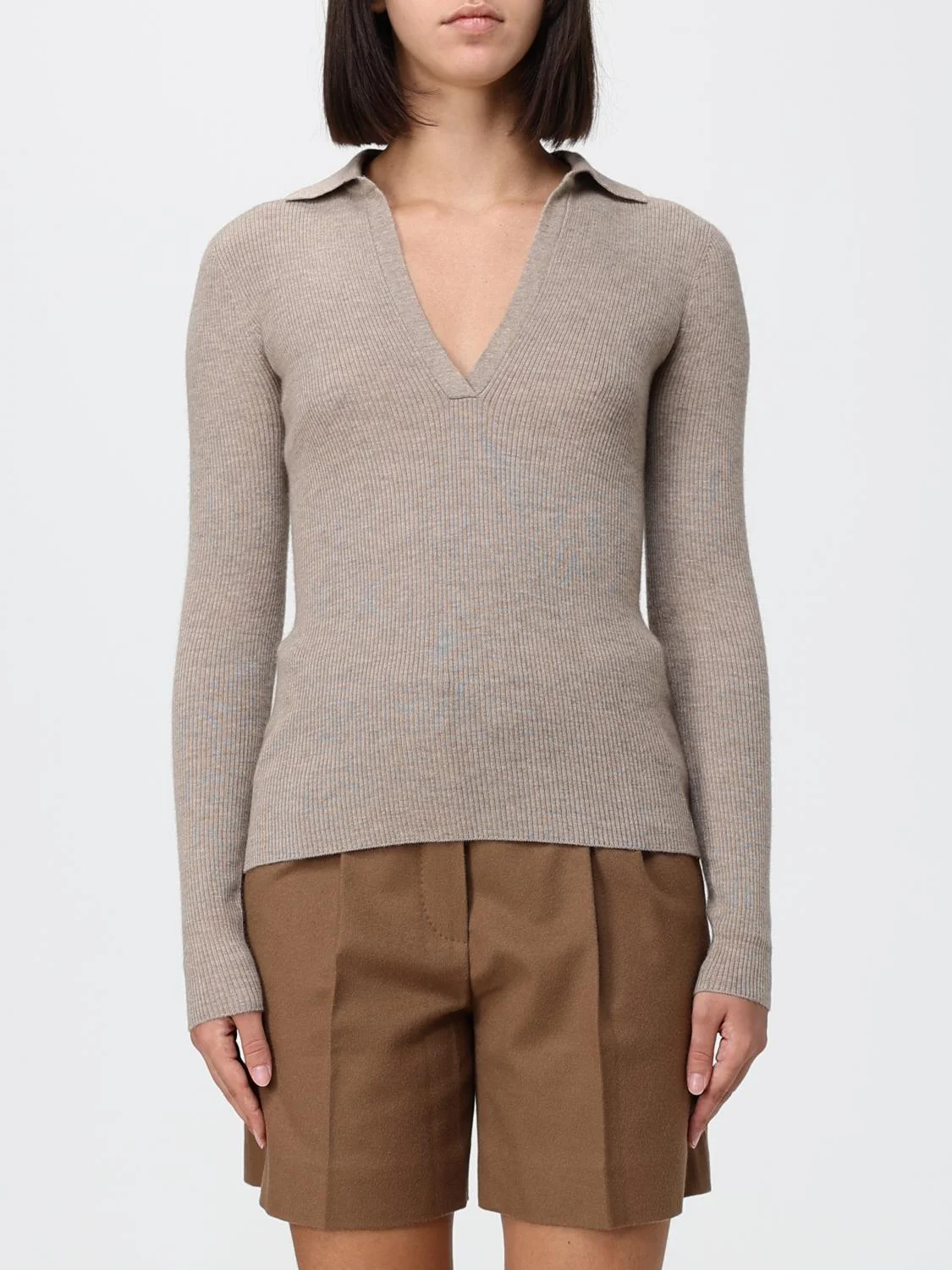MAX MARA Slim Fit V-Neck Polo Jumper in 100% Cashmere with Long Sleeves - 1