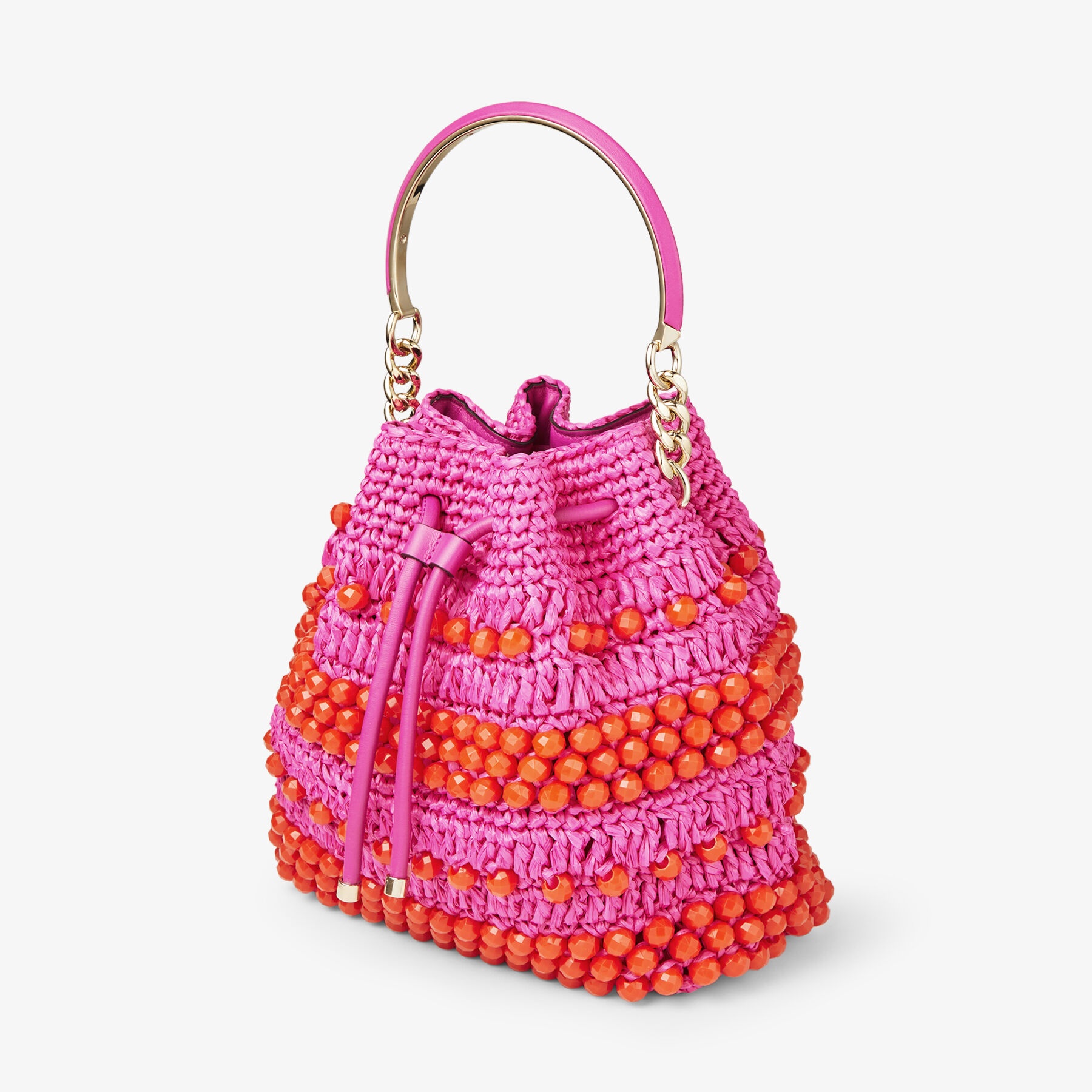Bon Bon Bucket
Fuchsia Beaded Raffia and Smooth Leather Tote Bag - 4