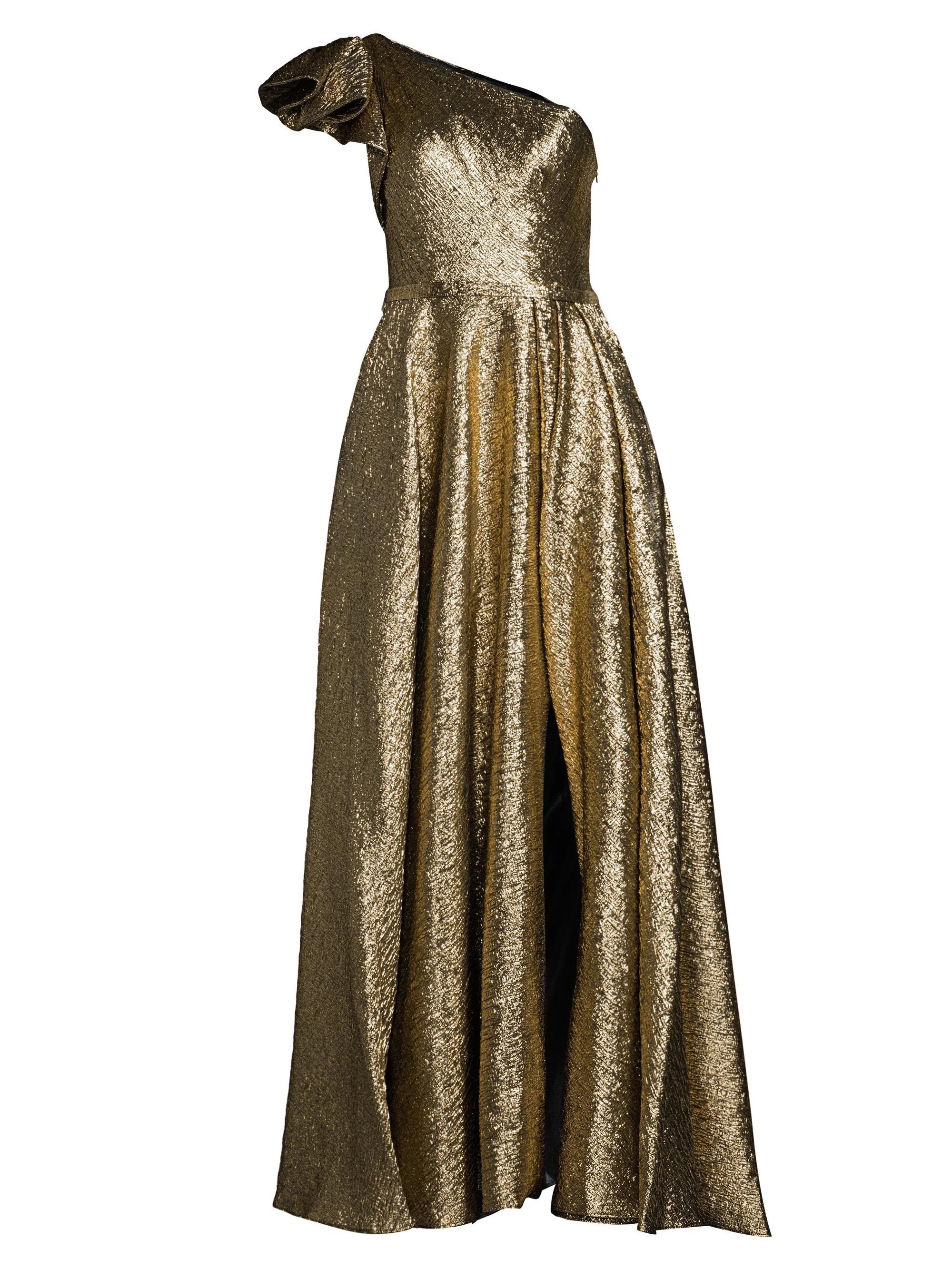 Women's Asymmetric Metallic Pleated Ball Gown - Antique Bronze - 1