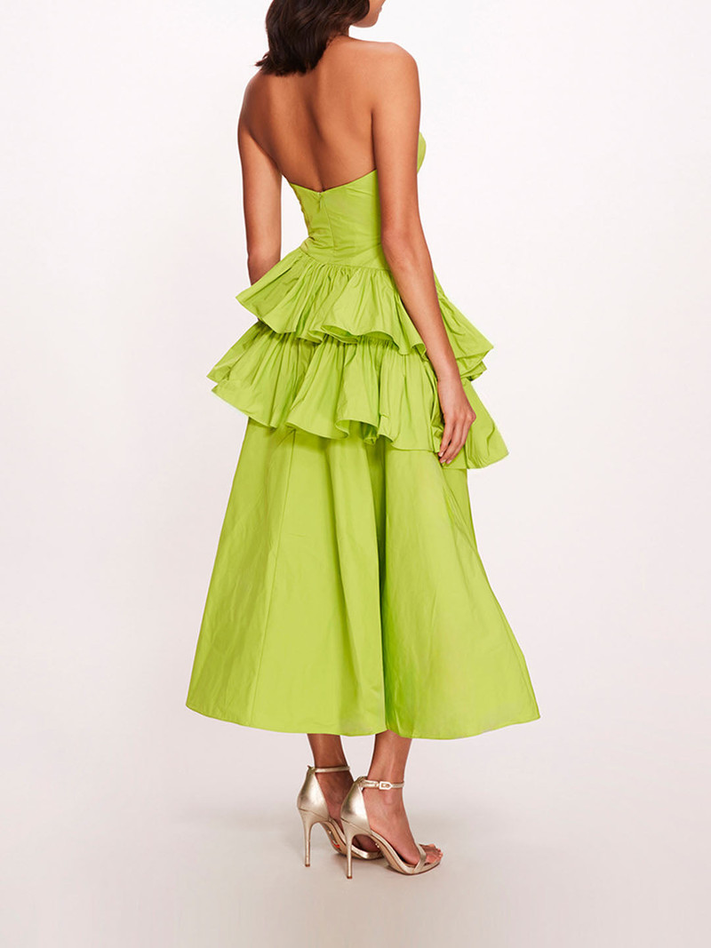 Marchesa TAFFETA TIERED RUFFLE MIDI DRESS outlook