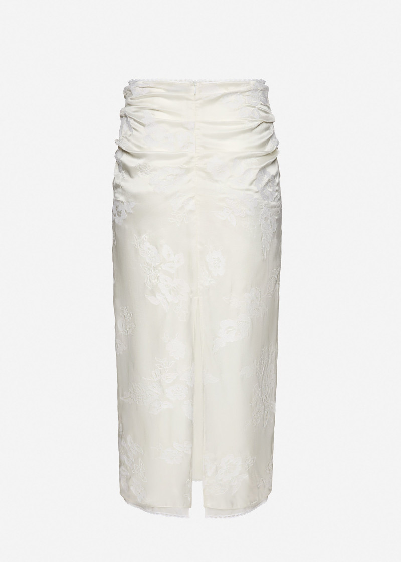 Embroidered silk satin long skirt in white 2