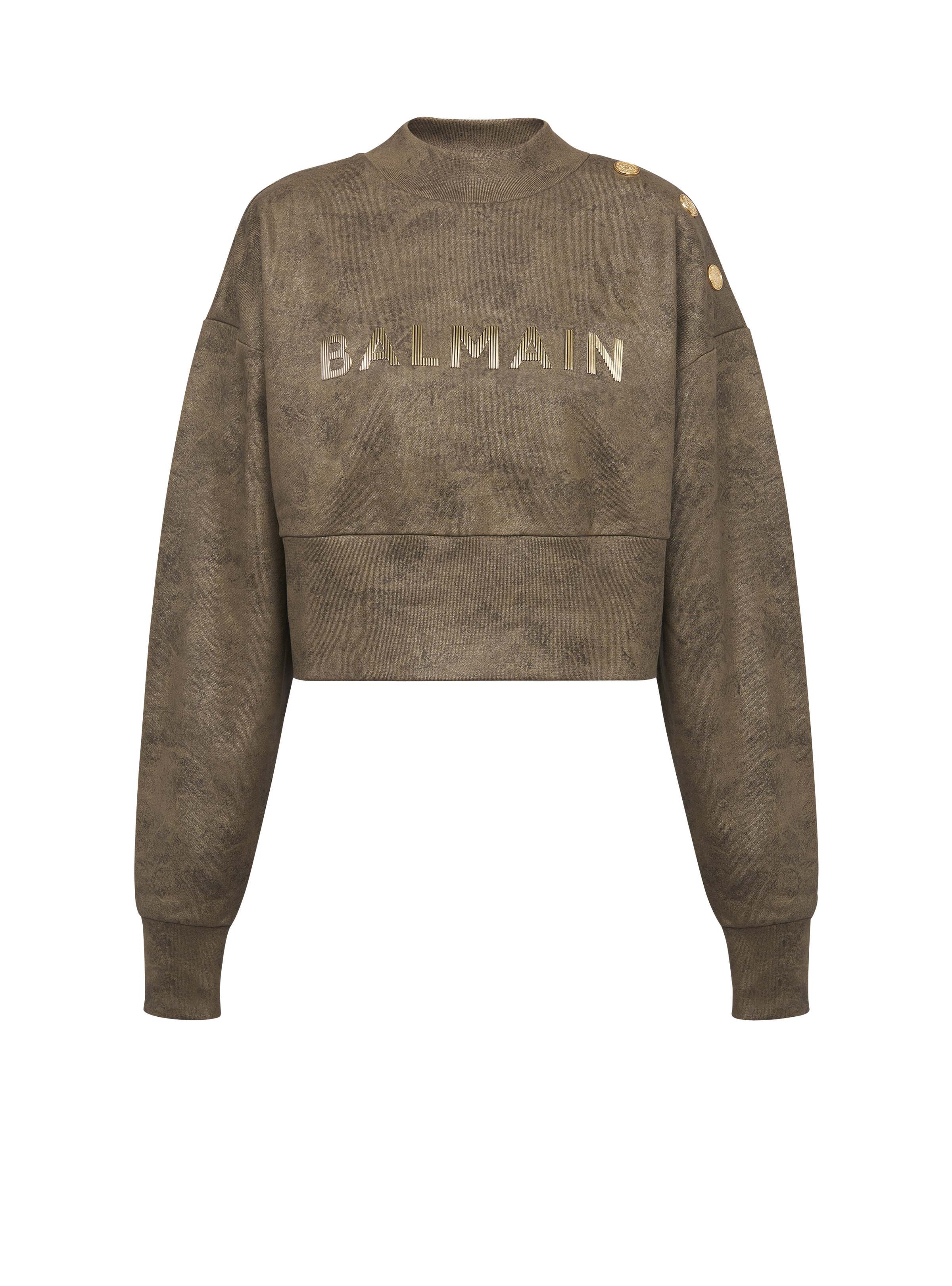Eco-responsible cotton cropped sweatshirt with metallic Balmain logo - 1