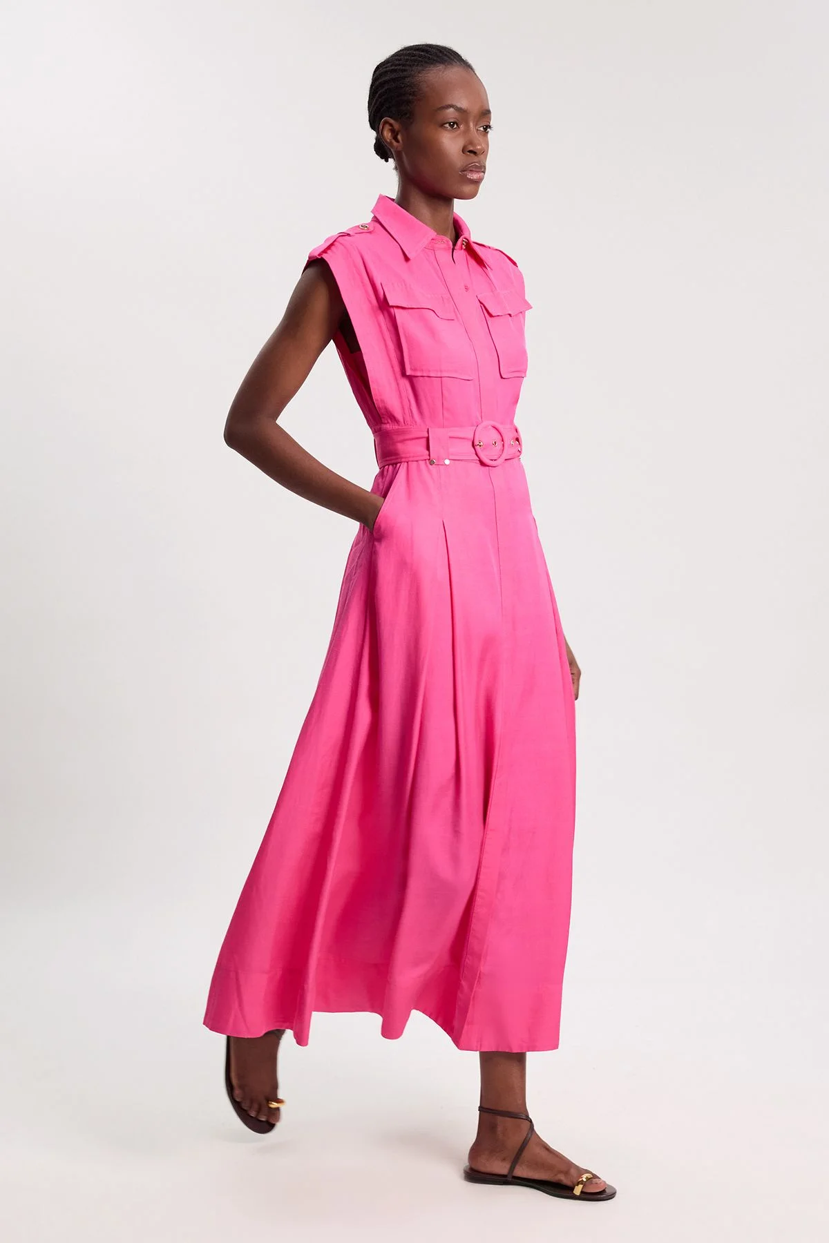 Premium Viscose Linen Belted Woven Midaxi Dress With Gold Hardware Detail - 1