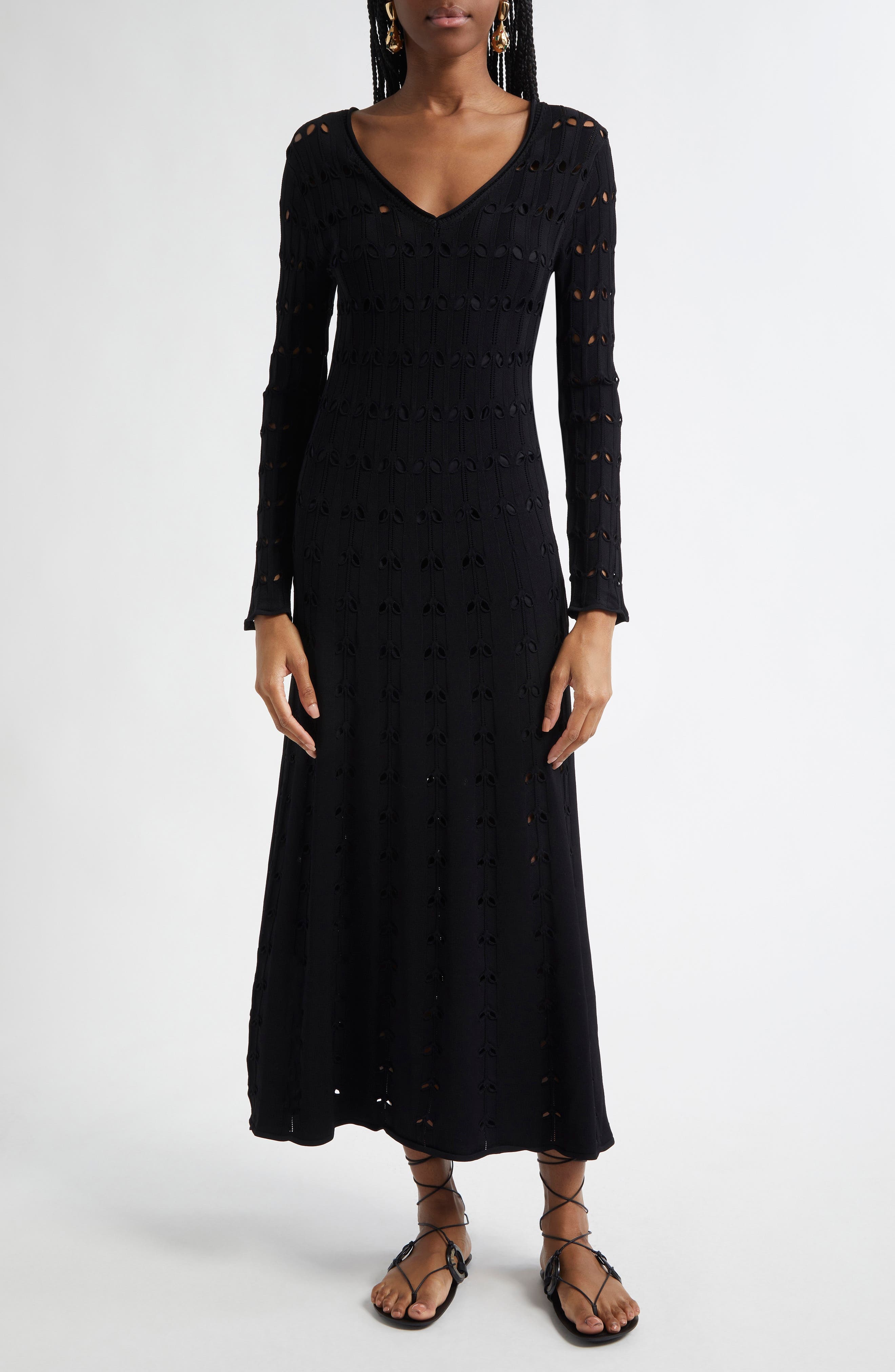 Zimmermann Rhiannon Long Sleeve Pointelle Maxi Sweater Dress in Black at Nordstrom - 1