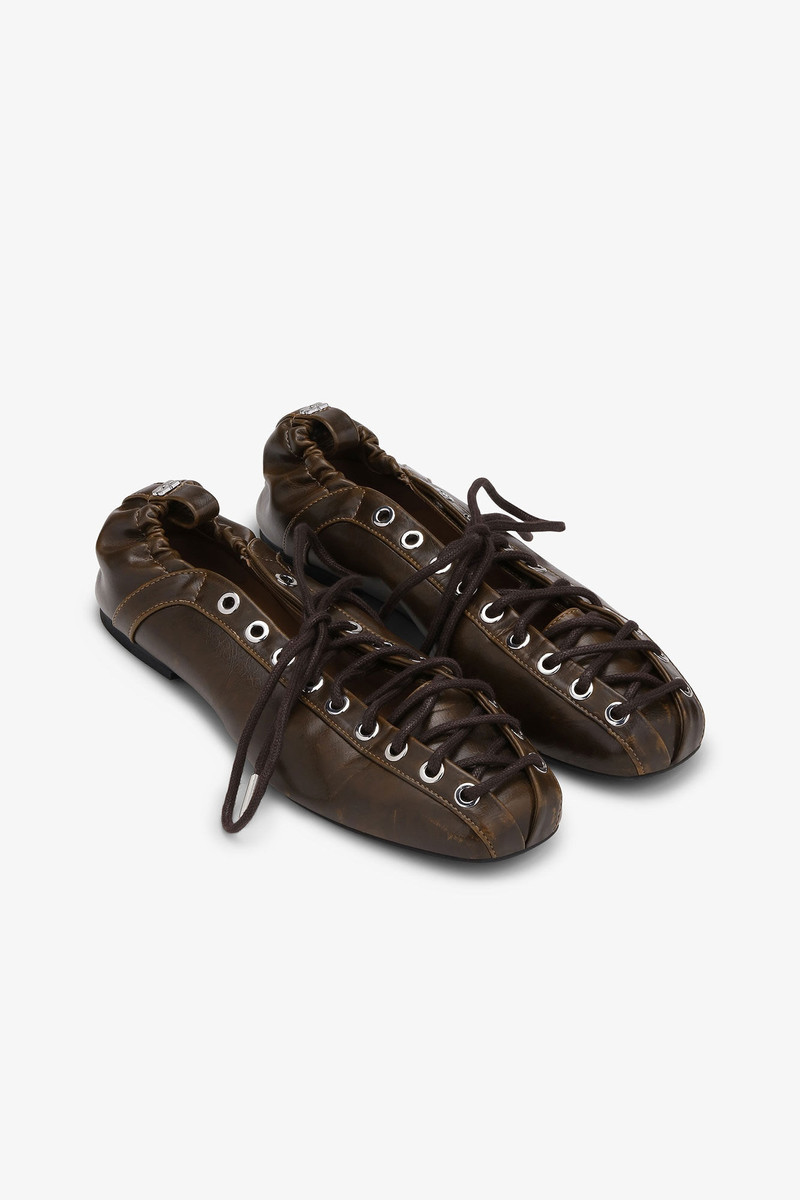 GANNI DARK-OLIVE OLEATEX EYELETS LACE UP BALLERINAS outlook