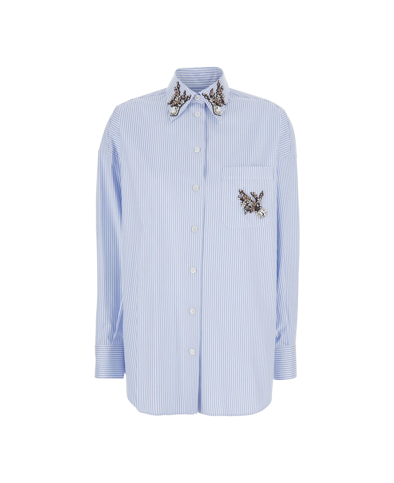 Light Blue Shirt With Decorative Details On Collar And Pocket And All-over Striped Motif In Cotton F - 1