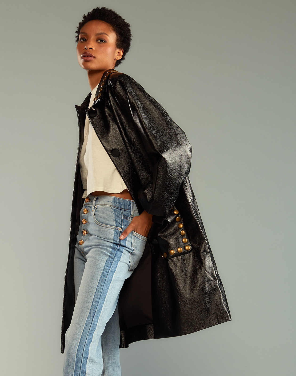 Studded Vegan Leather Coat - 5