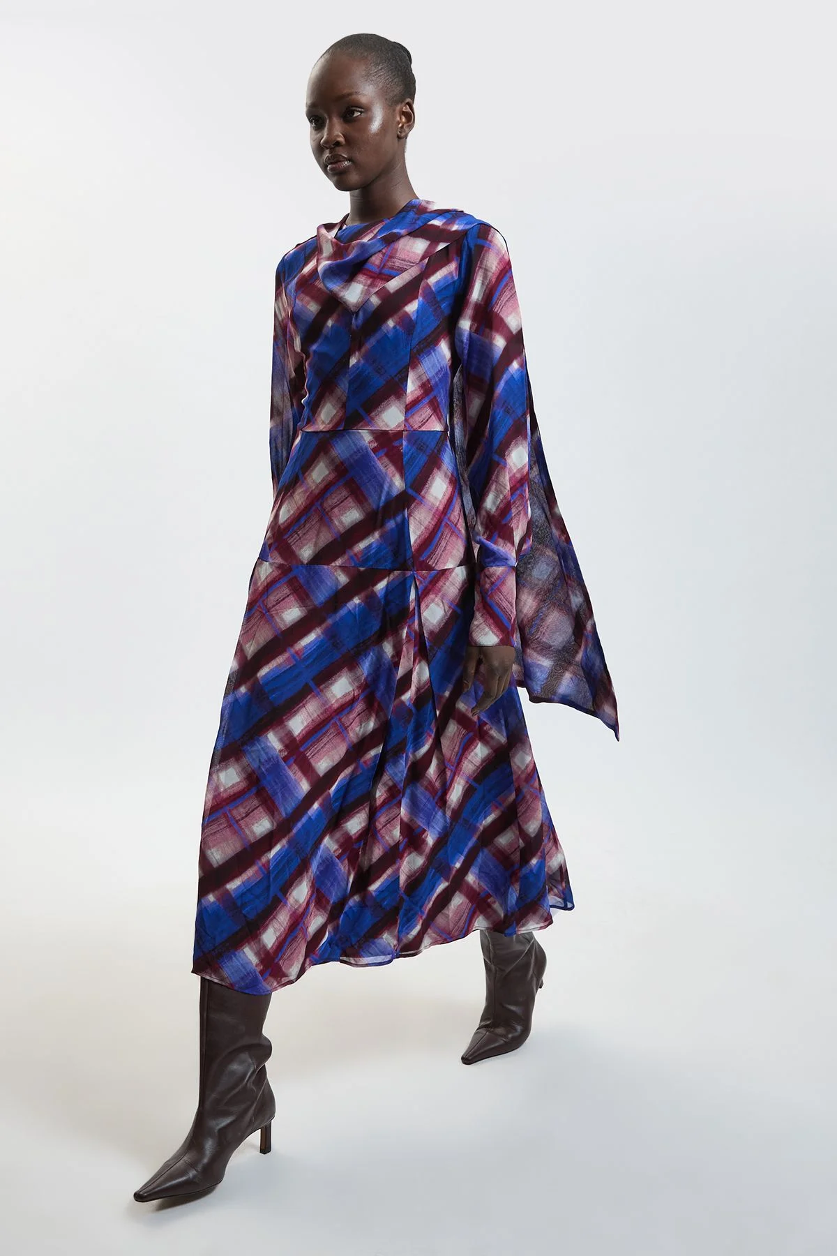 Check Print Scarf Detail Viscose Woven Midi Dress - 1