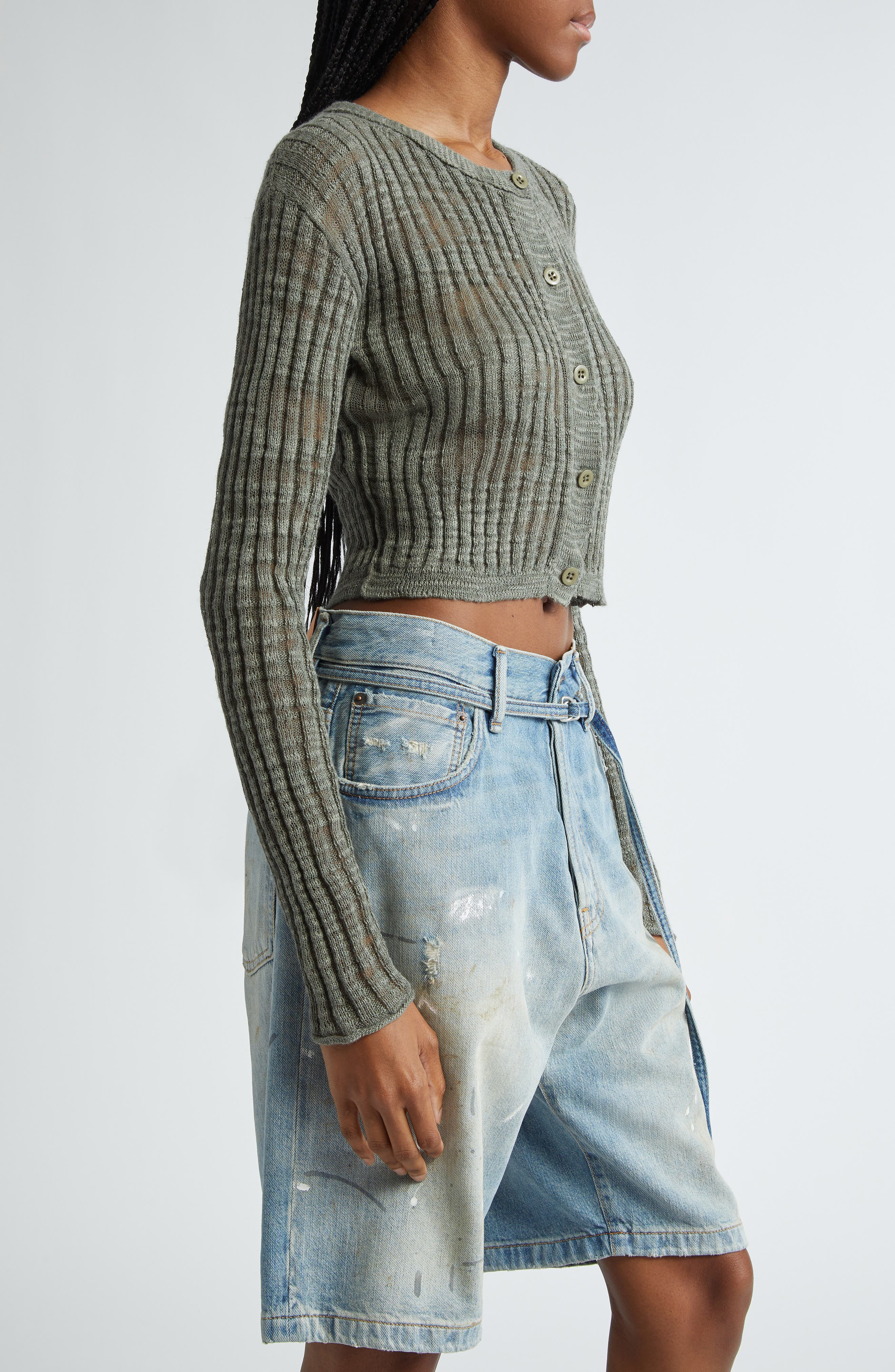 Acne Studios Kiko Rib Linen Blend Cardigan in Seagrass Green at Nordstrom - 4