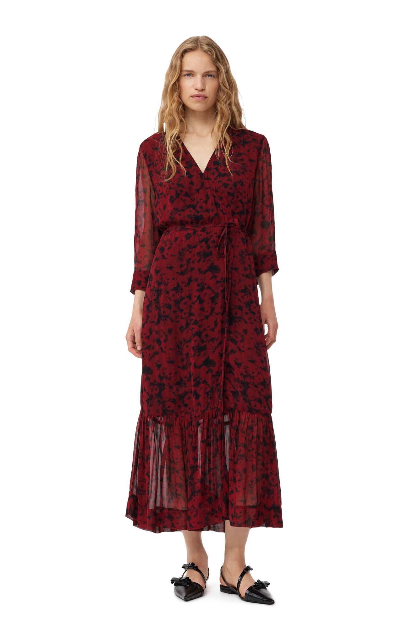 RED PRINTED LIGHT GEORGETTE WRAP MIDI DRESS - 2