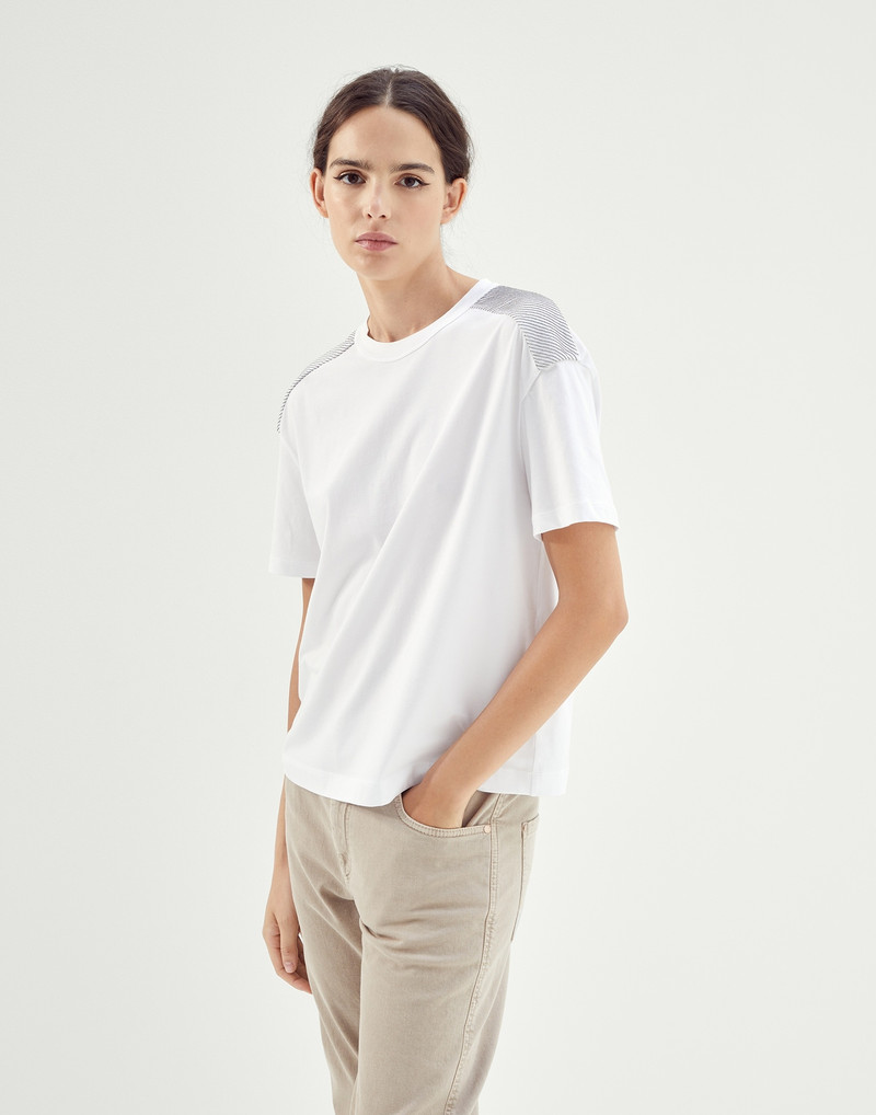 Stretch cotton jersey T-shirt with shiny shoulders - 1