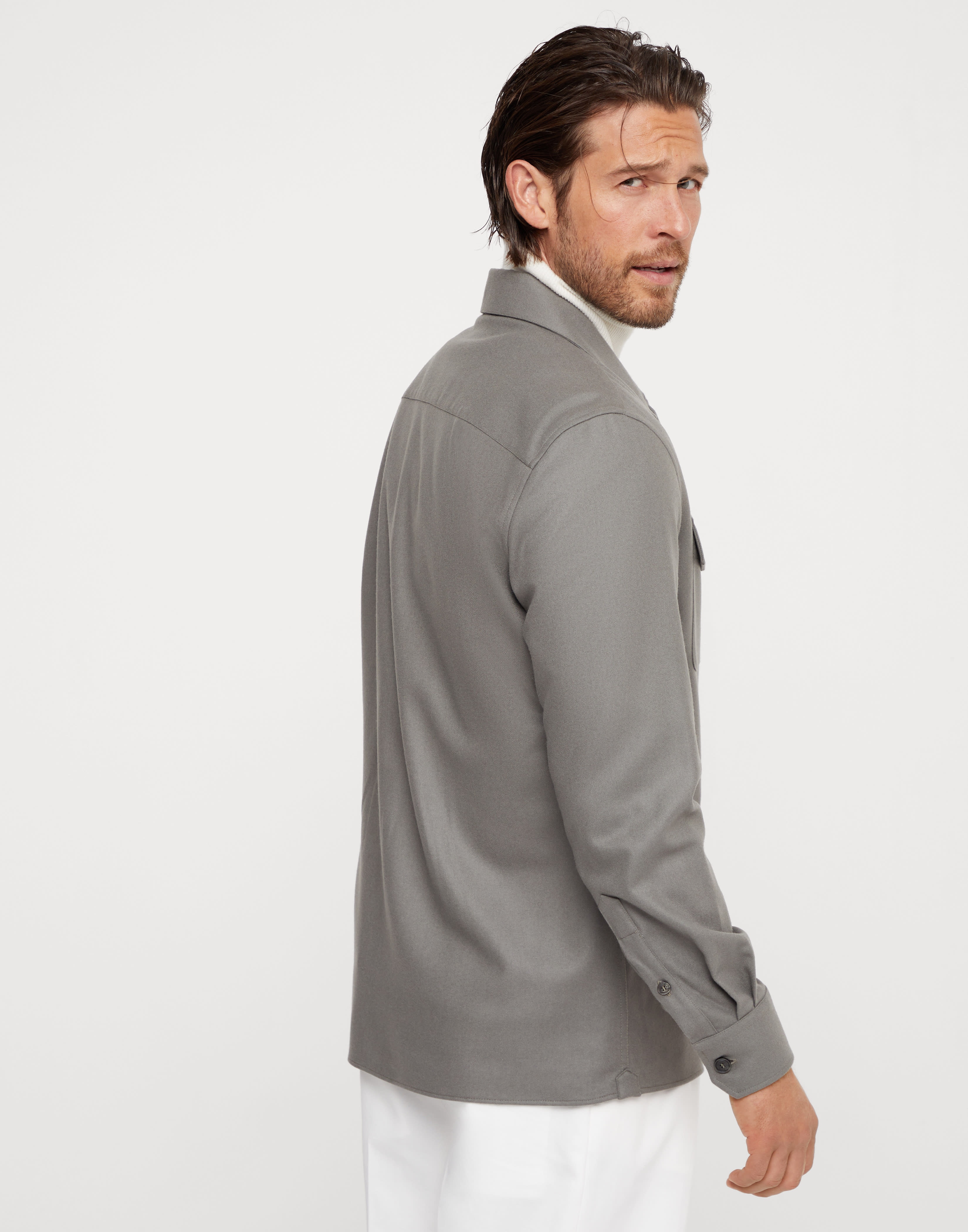 Virgin wool flannel overshirt with camp collar and chest pockets - 2