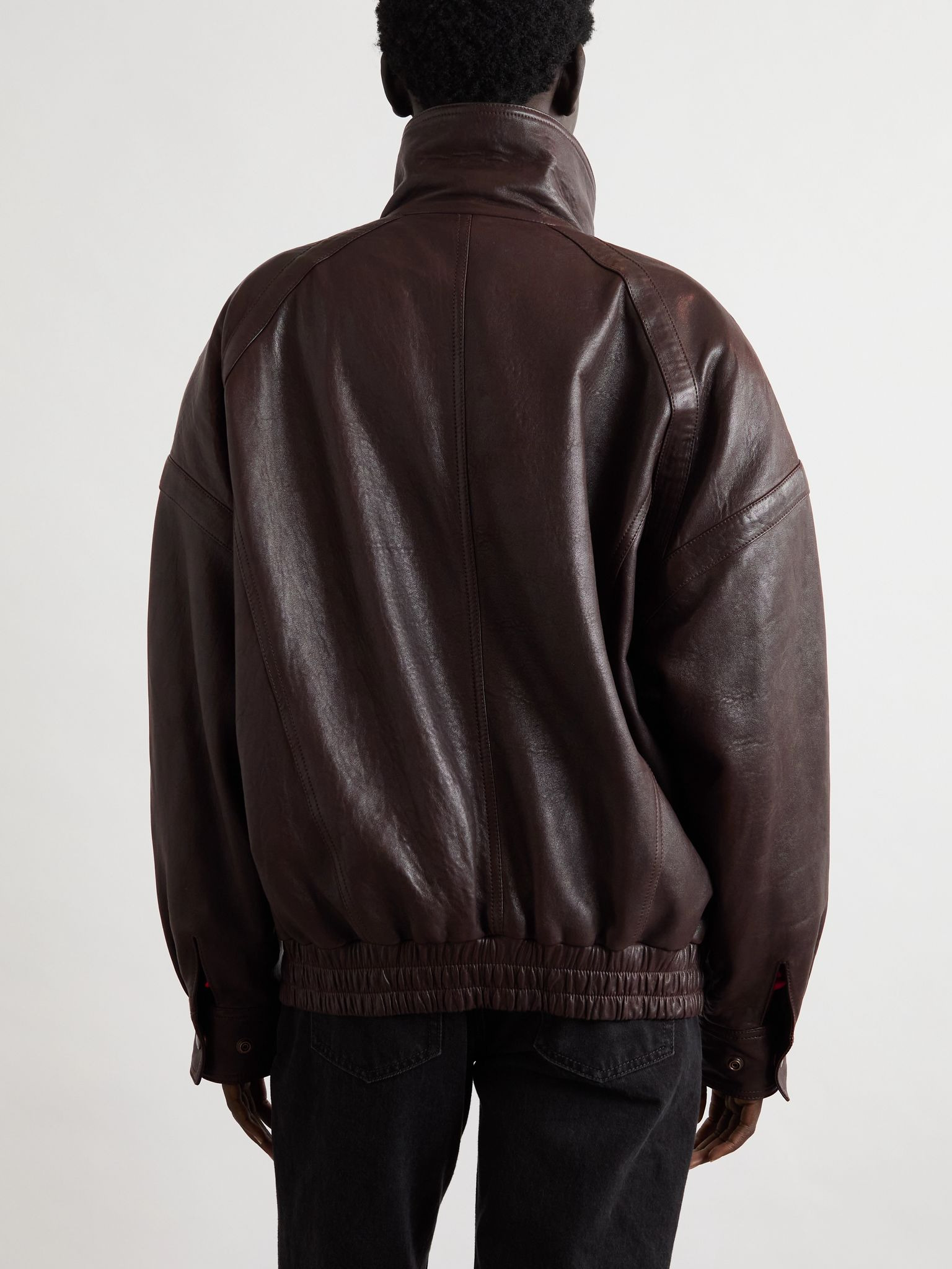 Oversized double-breasted paneled leather jacket Brown - 4