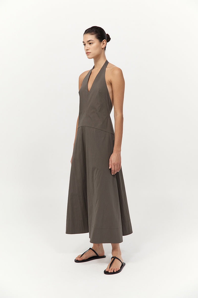 Halter Plunge Dress - Khaki - 2