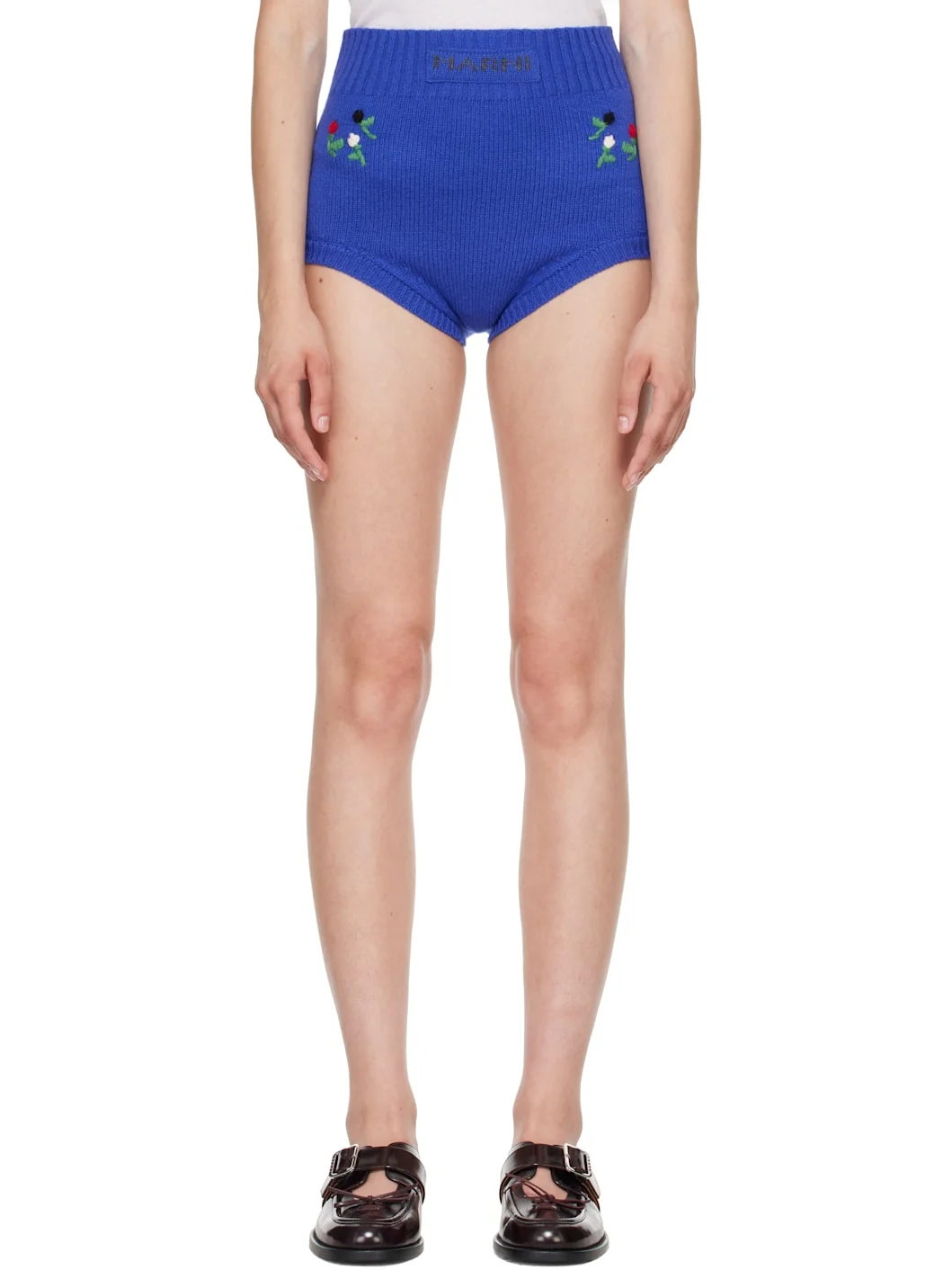 Blue Wool-Cashmere Flower Embroidery Brief Shorts - 1