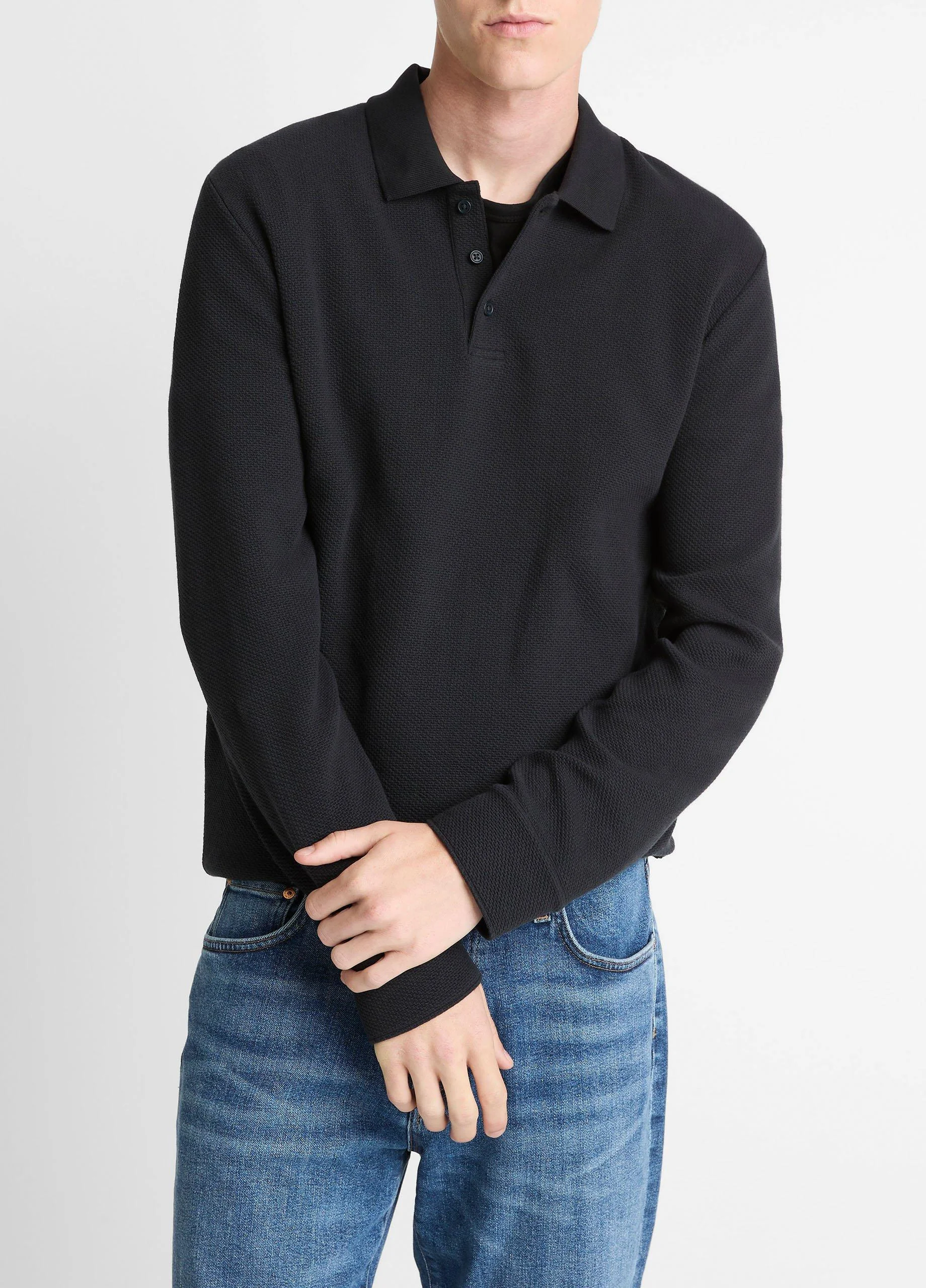 Basket-Weave Cotton Long-Sleeve Polo Shirt - 1