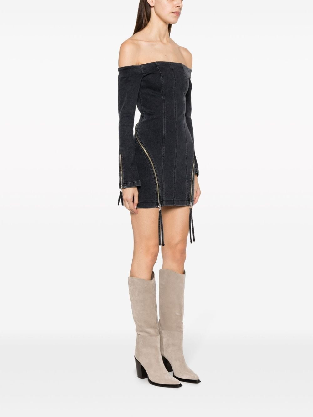 off-shoulder zip-up denim dress - 3
