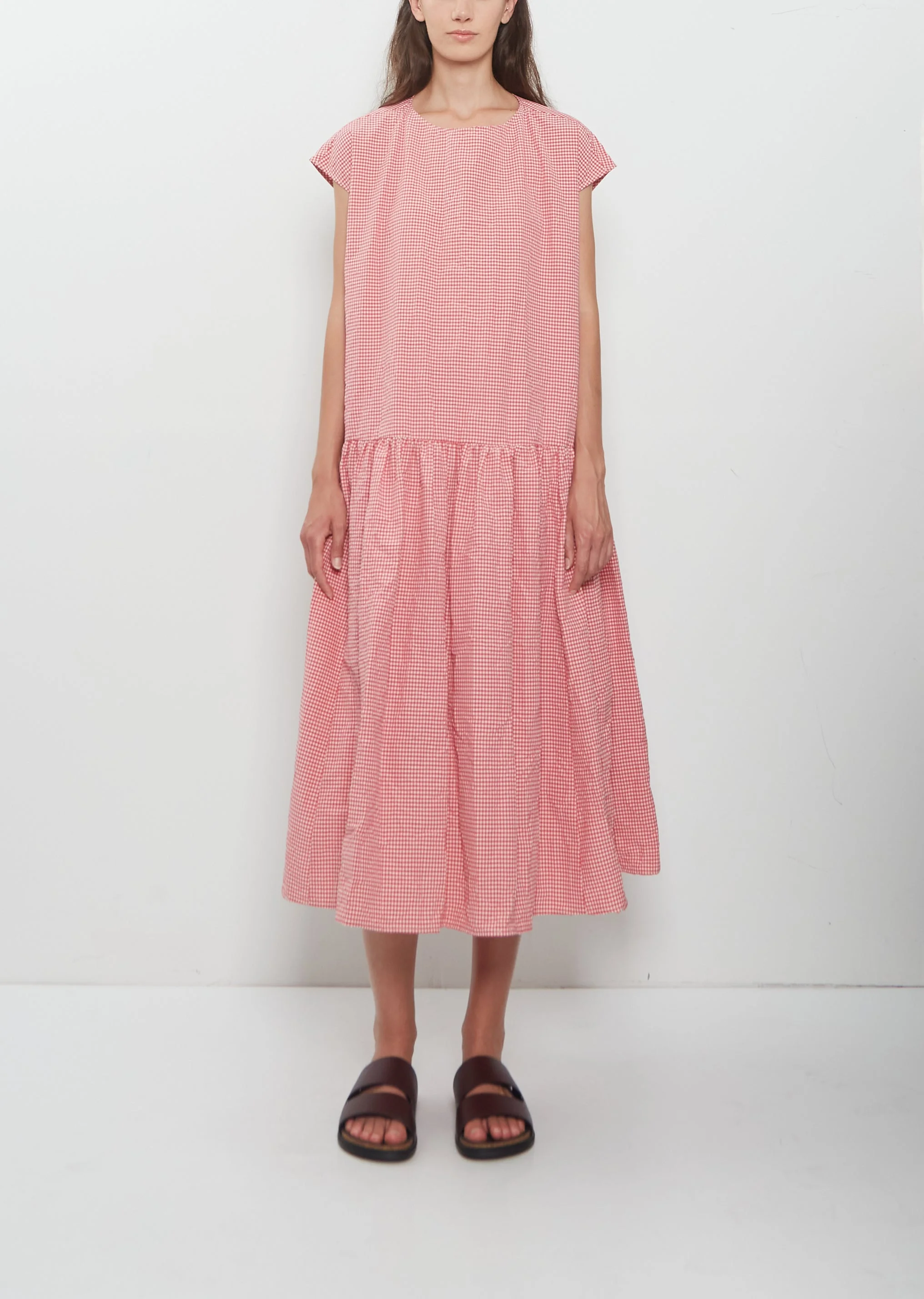 Gingham Check Cotton Dress — Raspberry - 1