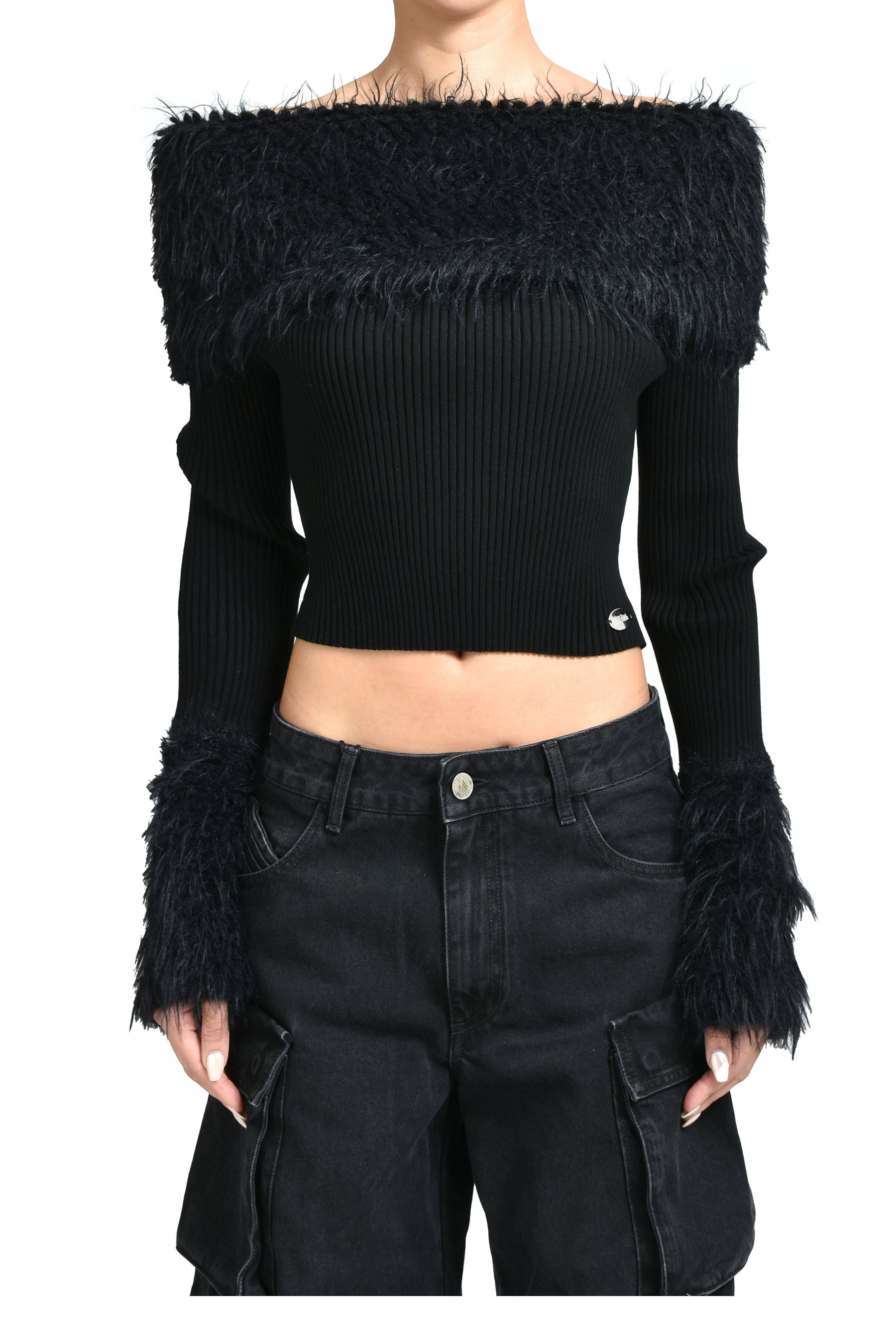 MIX VISCOSE RIBBED AND HAIRY DETAILS SWEATER / BLK - 1