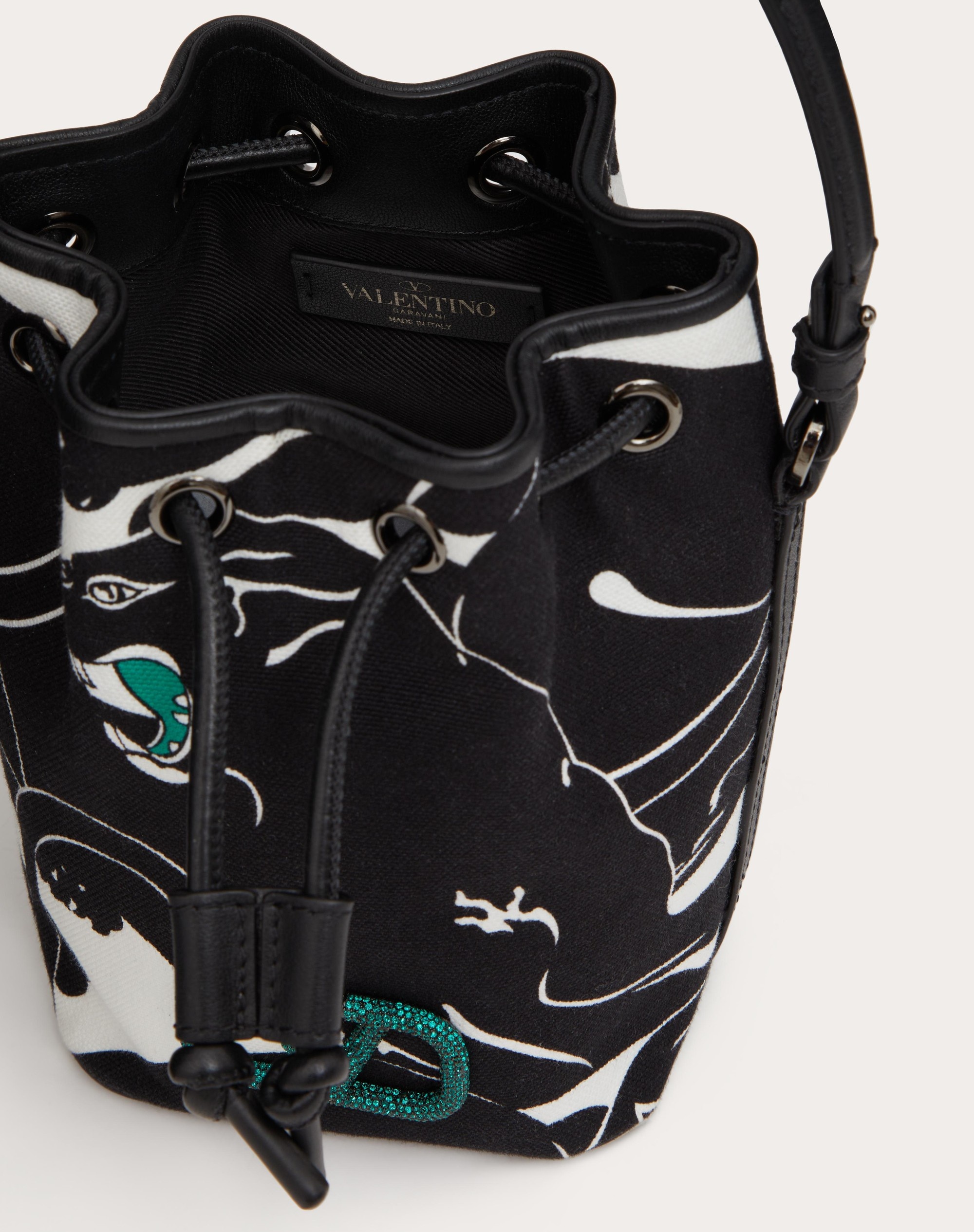 MINI VALENTINO GARAVANI ESCAPE BUCKET BAG IN CANVAS WITH PANTHER PRINT AND JEWEL LOGO - 7