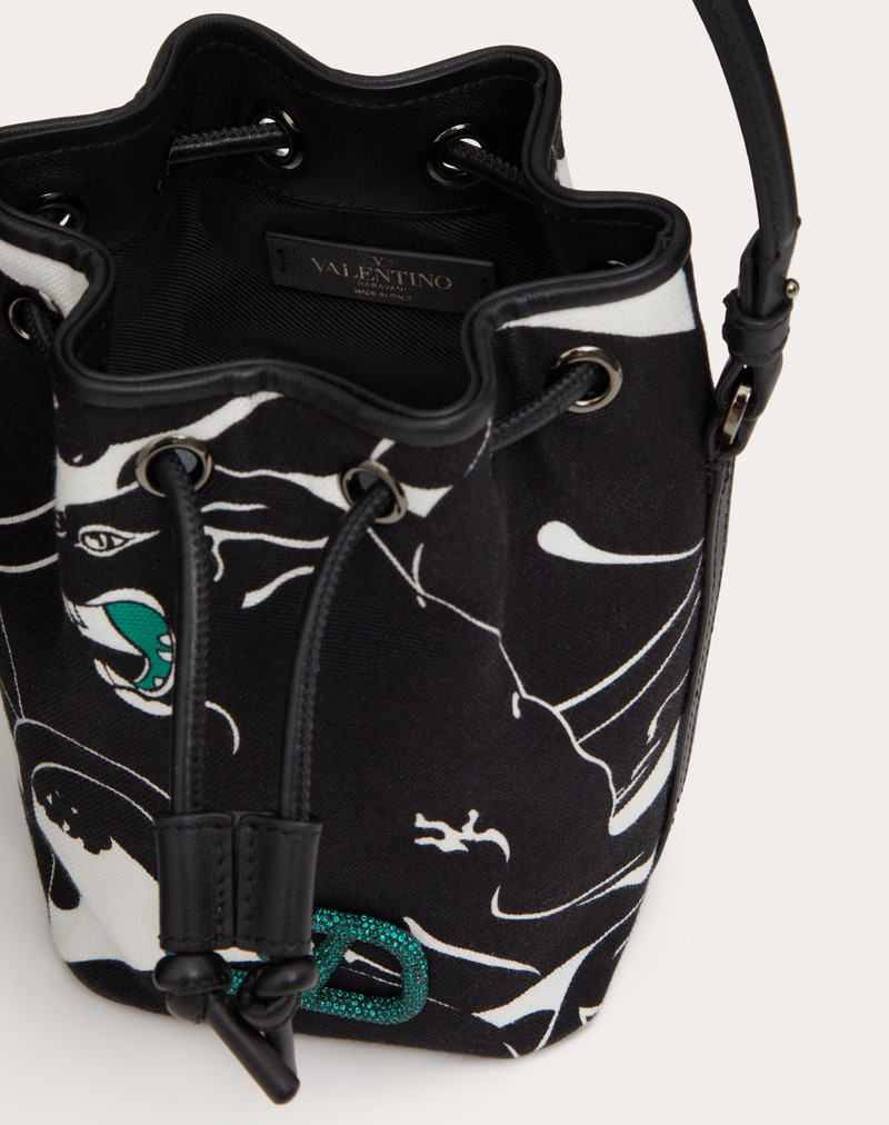MINI VALENTINO GARAVANI ESCAPE BUCKET BAG IN CANVAS WITH PANTHER PRINT AND JEWEL LOGO 7