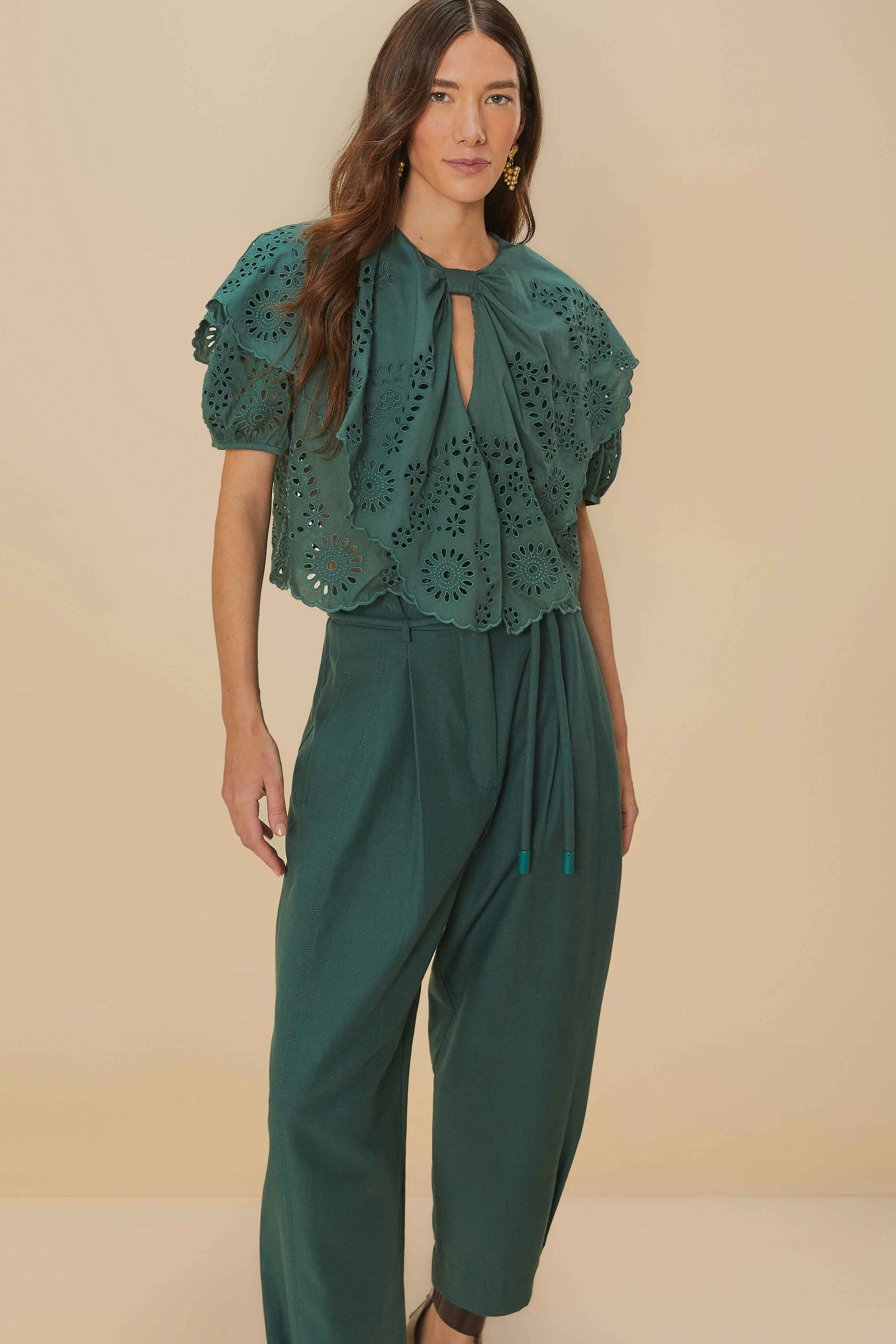 Dark Green Topstitched Clochard Pants - 2