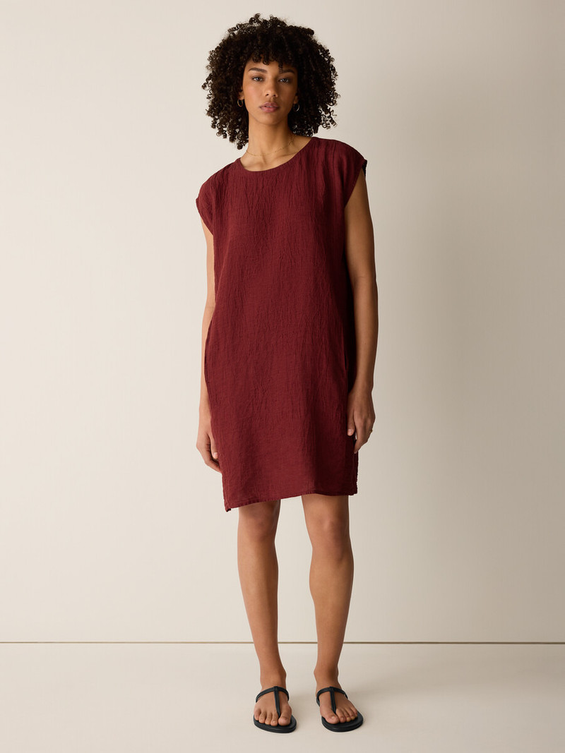 Puckered Organic Linen Stripe Jewel Neck Dress 3
