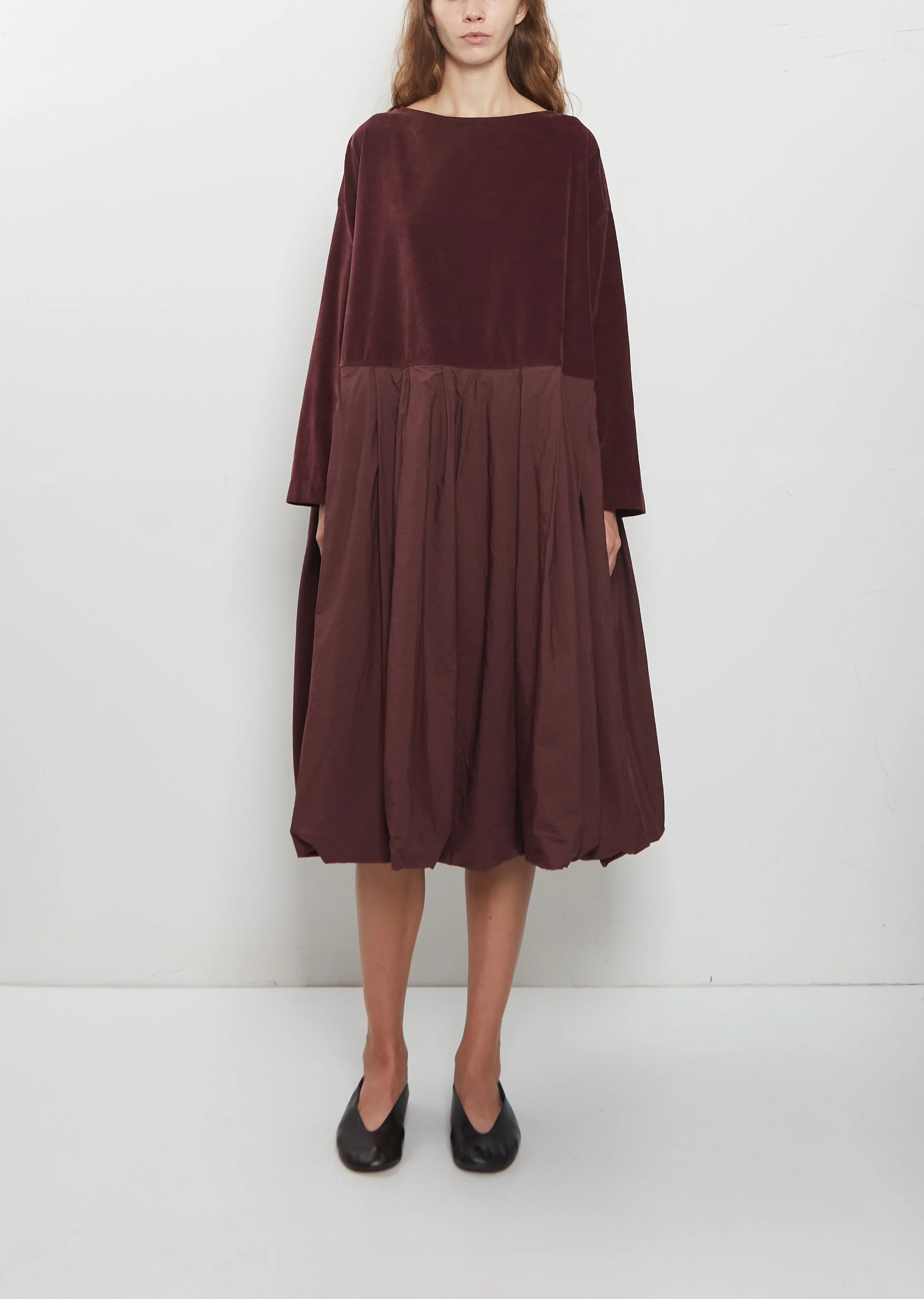 Velvet Tissue Cotton Pleated Dress — Wine - 1