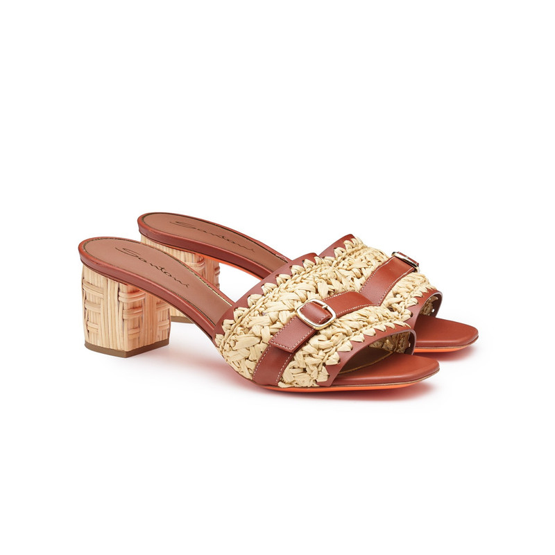 Women's brown leather and raffia mid-heel sandal 1