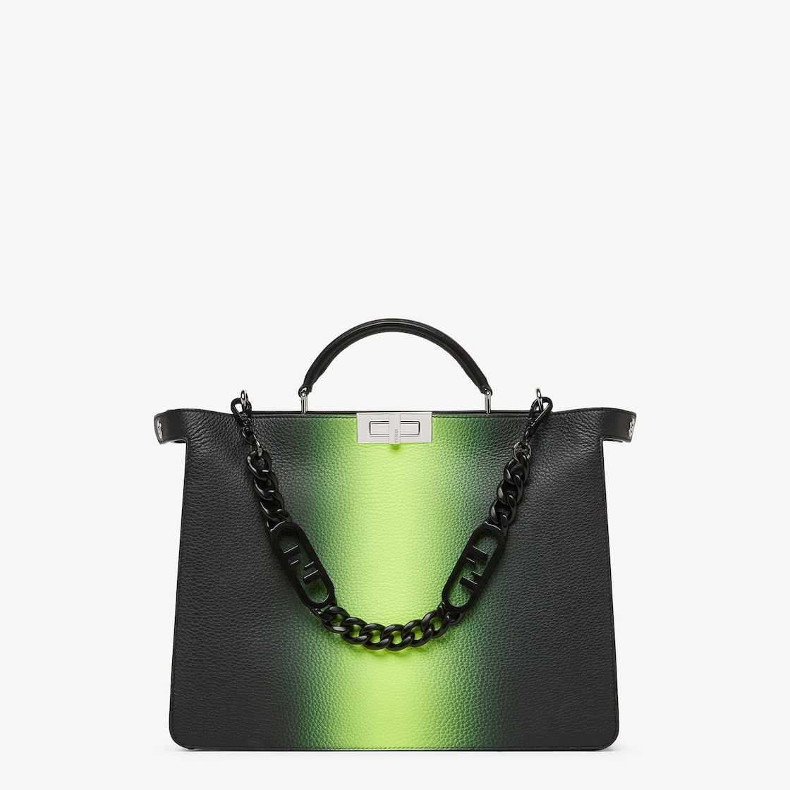 Medium Peekaboo ISeeU bag made of black Cuoio Romano leather with neon yellow gradient shading. The  - 1