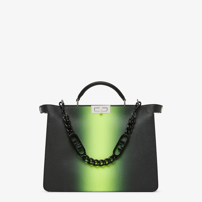 Medium Peekaboo ISeeU bag made of black Cuoio Romano leather with neon yellow gradient shading. The  1