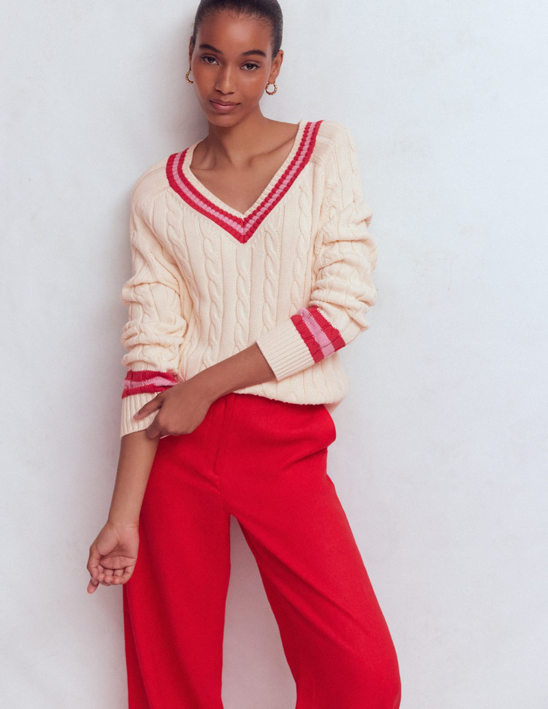 Maeve Textured Cotton Jumper-Ivory Cable, Red 1