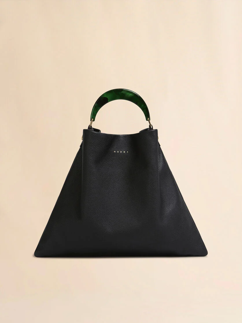 HOBO BAG IN BLACK GRAINED CALFSKIN AND RESIN HANDLE - 1