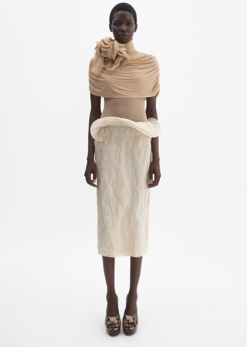 MAGDA BUTRYM Draped cape-effect cupro bodysuit in beige outlook