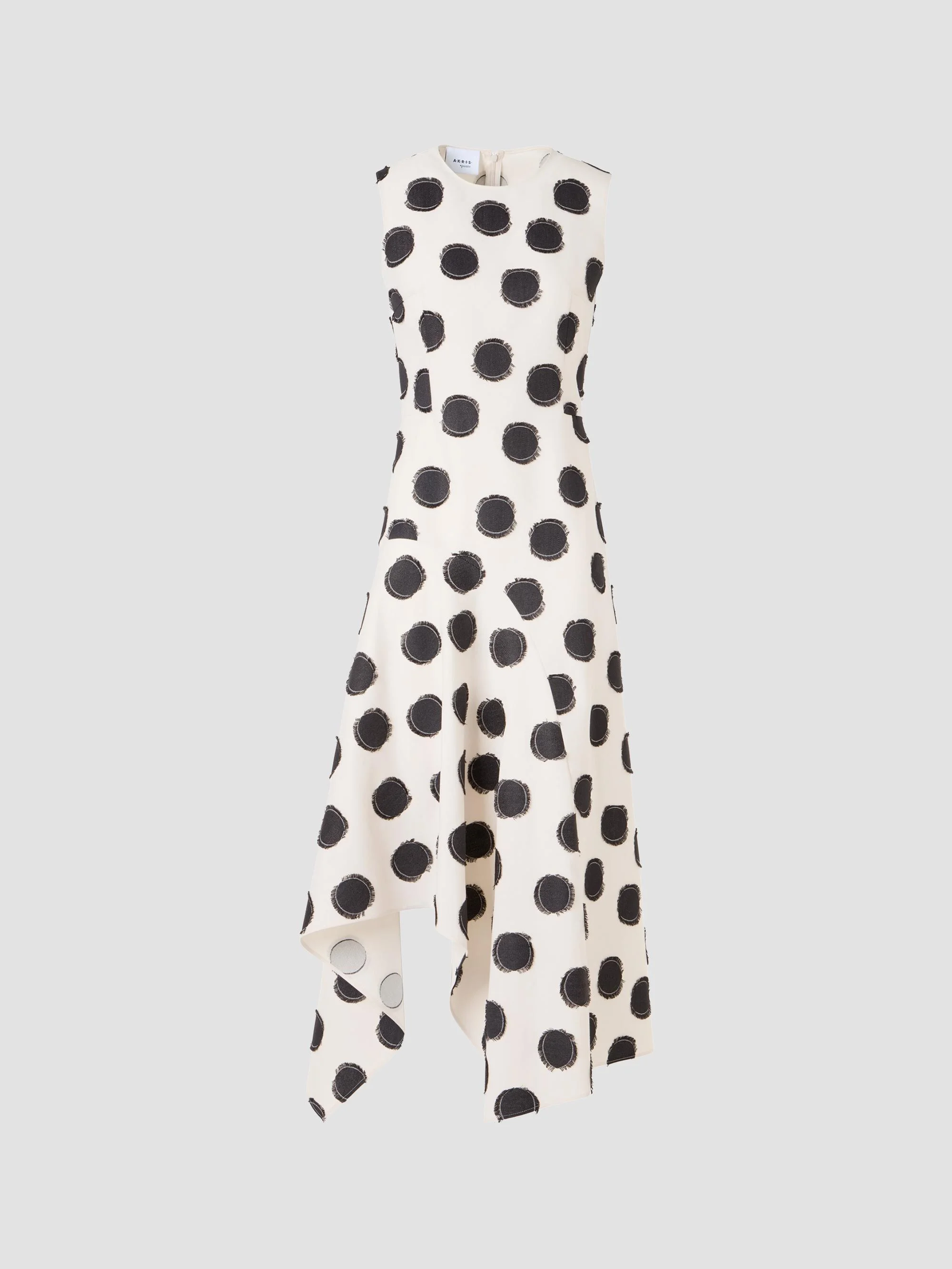 Women's Asymmetric Fringed Polka Dot Midi Dress - Cream Black - 1