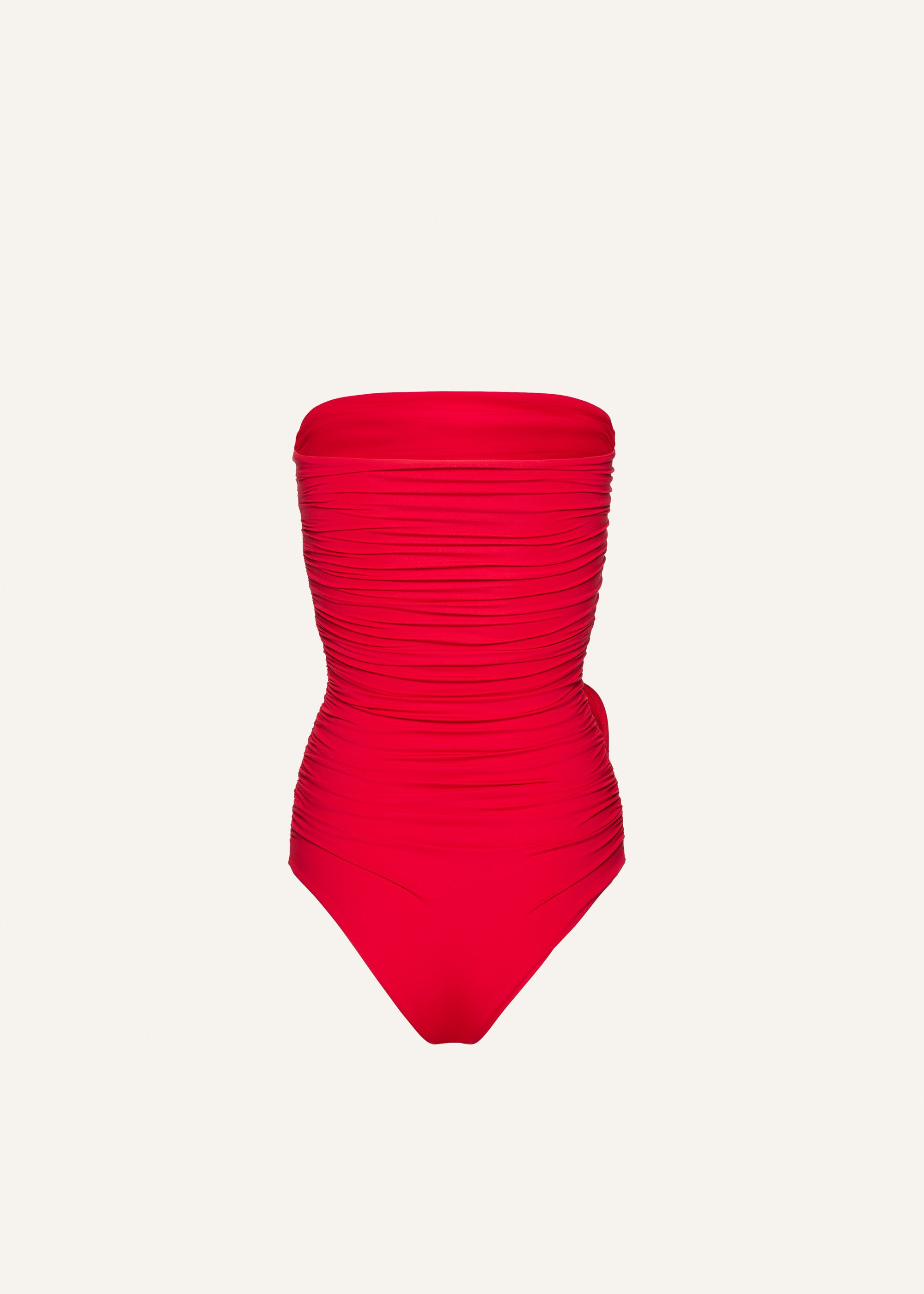 Flower appliqué strapless draped swimsuit in red - 2