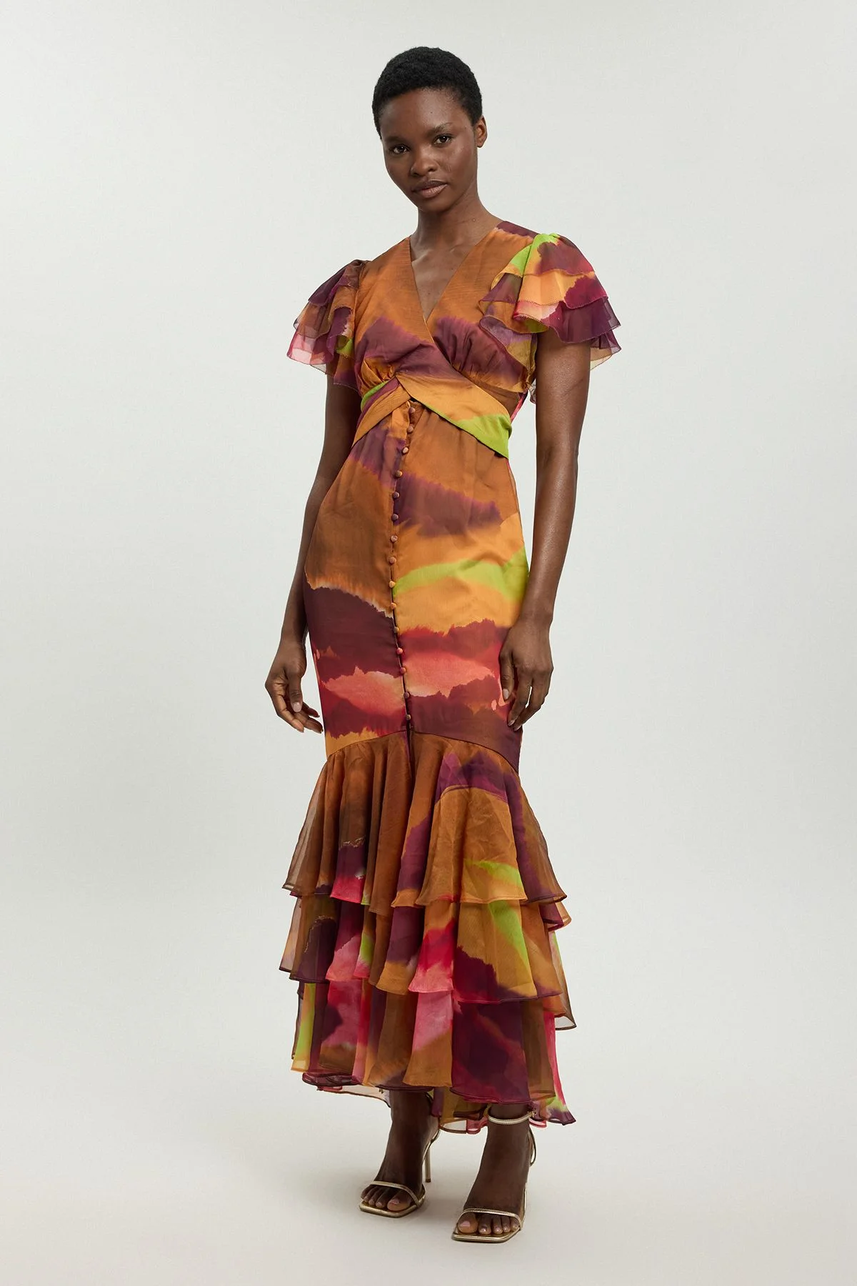 Abstract Print Ruffle Sleeve Button Through Midi Dress - 1